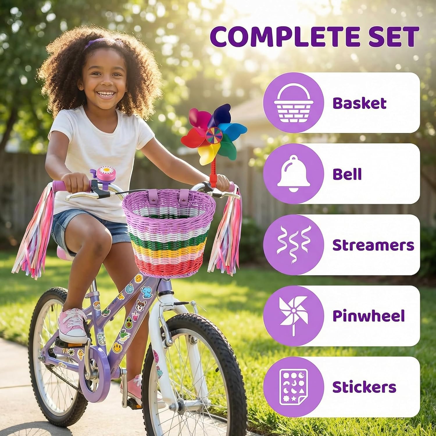 Kids Bike Basket, Bike Basket Front Bike Accessories for Girl Boys, Woven Bicycle Basket with Stickers, Bike Bell, Windmill, and 1pairs Colorful Ribbons Tassels