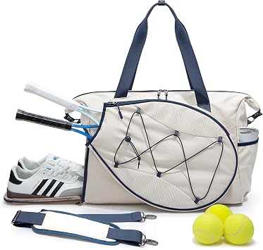 Smasrob Tennis Bag, Tennis Tote Duffle Bag, Overnight Bag for Women | Exterior Drawstring Racket Pocket and Separate Shoe Compartment, Wet Pocket and Laptop Pocket
