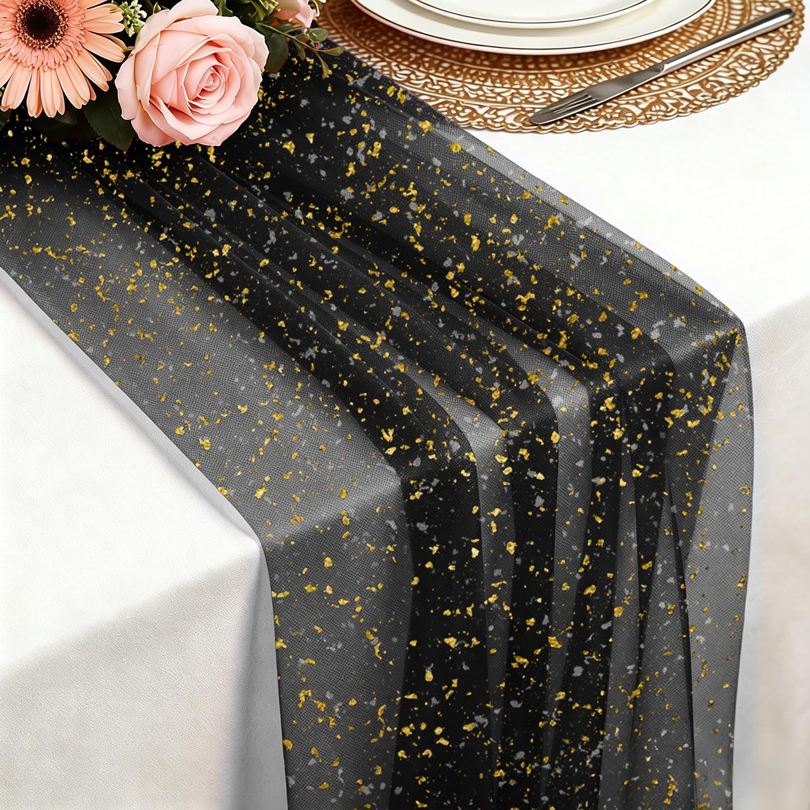 Tischläufer, 75X 300 cm Leichter und fließender Tischläufer Gaze Tüll Glitter GoldfolieTischläufer für Boho Hochzeit, Geburtstagsfeier, Weihnachten, Neujahrsparty Küche Tisch Dekoration