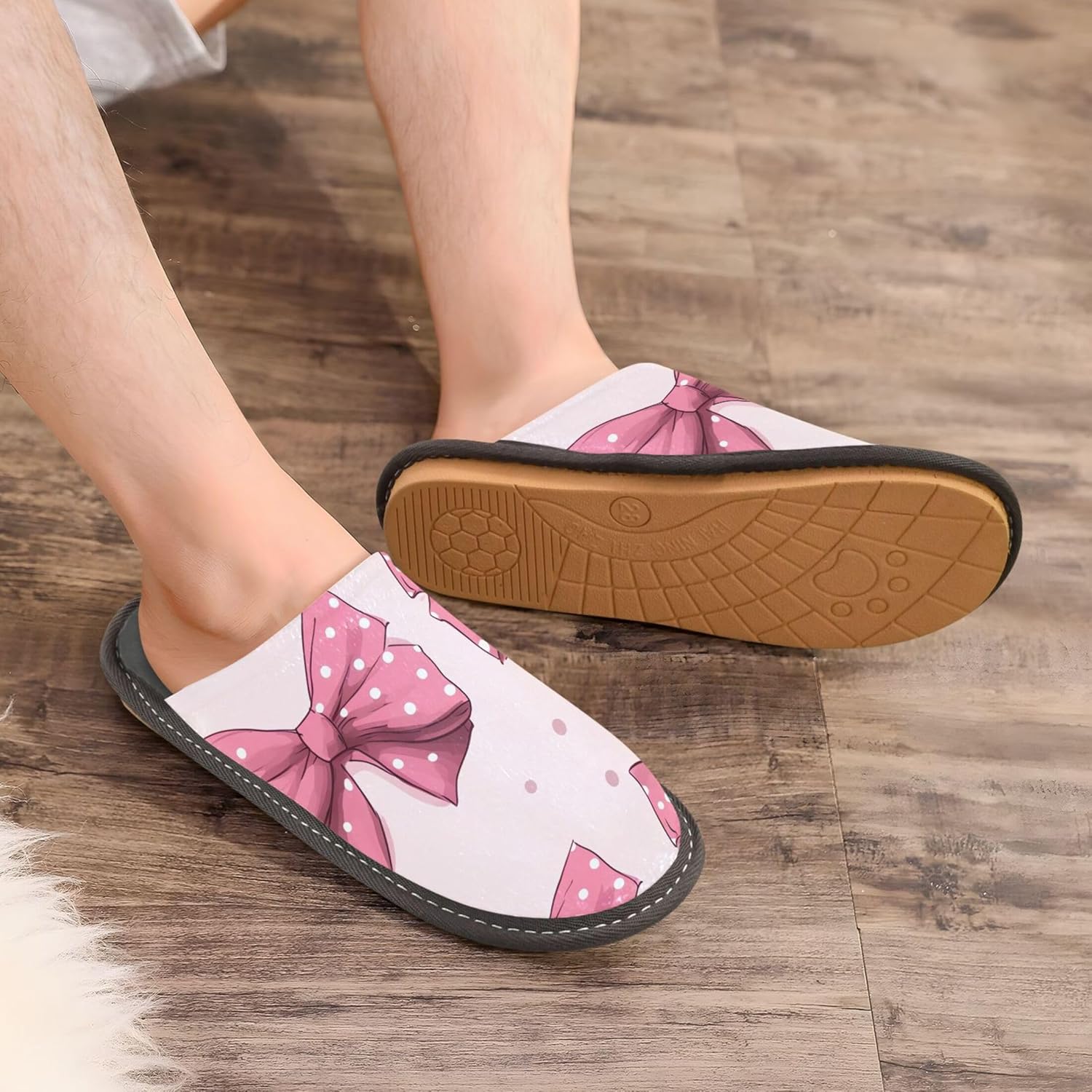 Pink Bows House Slippers – Cozy Fuzzy Slippers for Guests, Washable & Disposable, Perfect for Shoeless Home, Spa & Hotel Use A111311