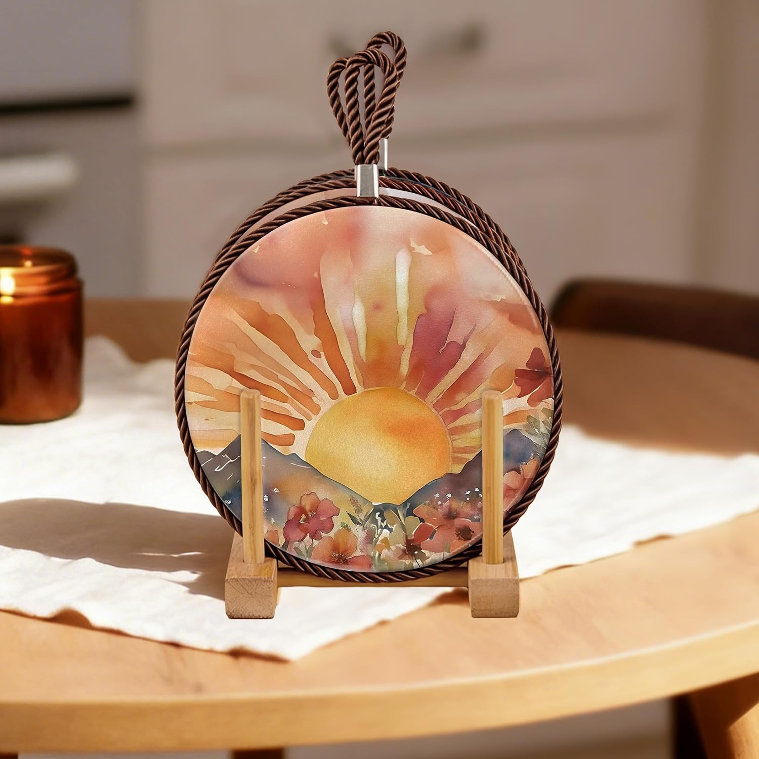 Boho Sun Mountain Floral Ceramic Trivet for Hot Dishes Pots and Pans, Watercolor Wildflower Sunrise Sunset Scenic Hot Pads for Kitchen Countertops Table Dinning Room Home Decor