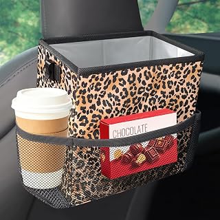 Foldable Car Trash Can with Cup Holder Storage Pockets (Leopard) | Leakproof ,Waterpoof, Compact and Sturdy, 2.1 Gallons Garbage Can, Additional Storage, Multiuse Cute Car Interior Accessories