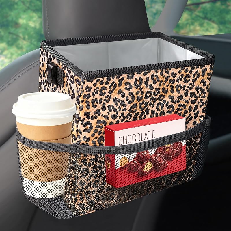 Lixeira dobrável para carro SthExtra com bolsos organizadores e suporte para copos, estampa Leopard Brown