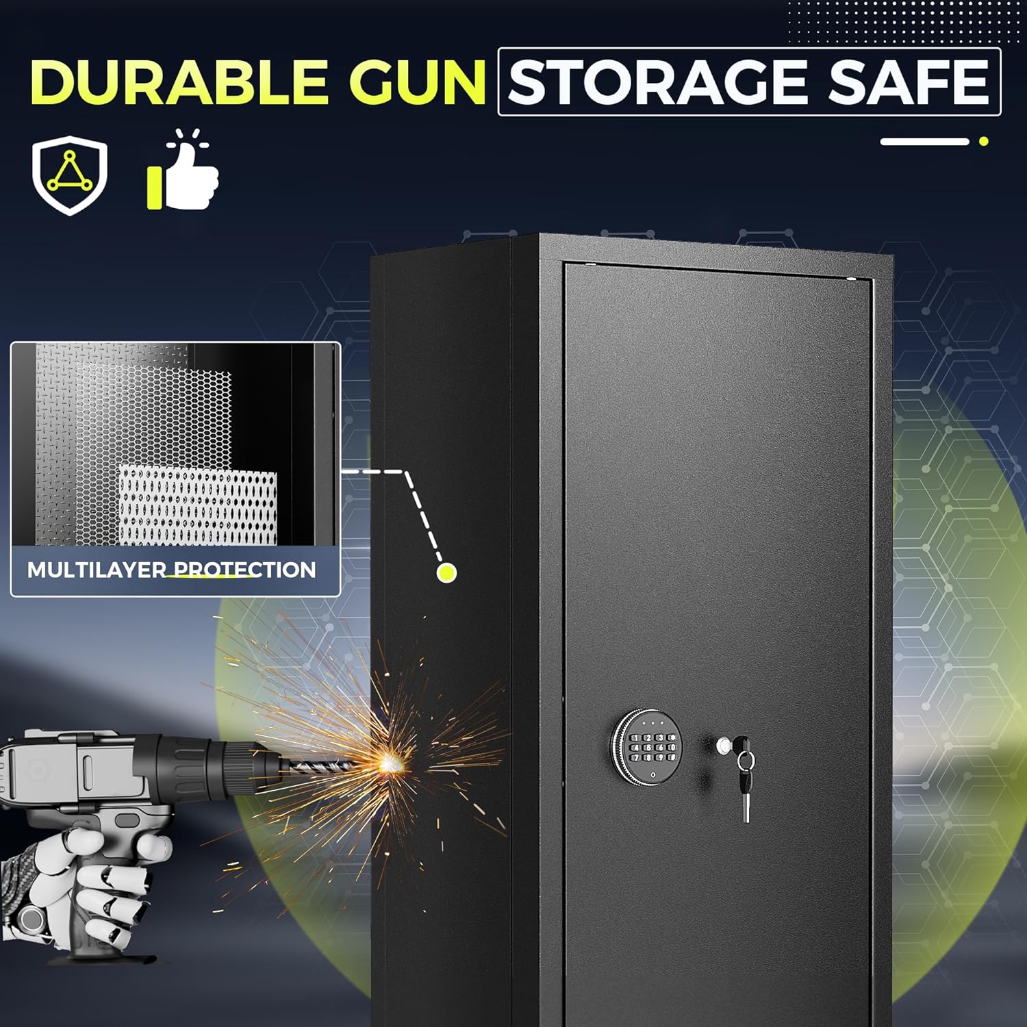10 to 15-Gun Safe for Home Use: Large Gun Cabinet with Keyboard Lock for Rifles, Pistols & Shotguns | Quick Access | 3 Adjustable Racks | Pockets