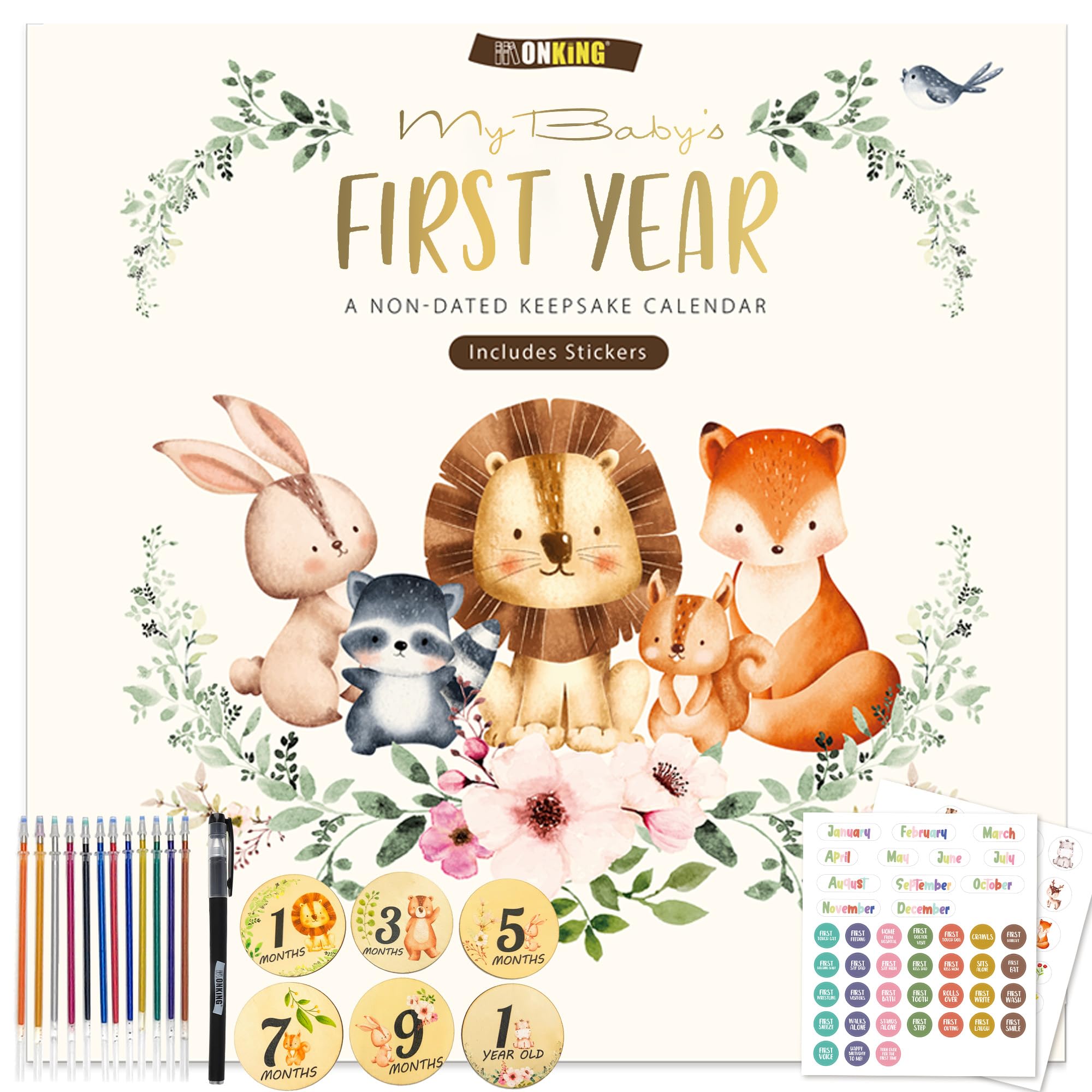 Baby-Erinnerungskalender für das erste Jahr mit Aufklebern & Baby-hölzerner monatlicher Meilenstein-Fotokarten, 12 Monate hölzernes Andenken Geschenk für Babyparty, Neugeborene, Eltern, Kinderzimmer
