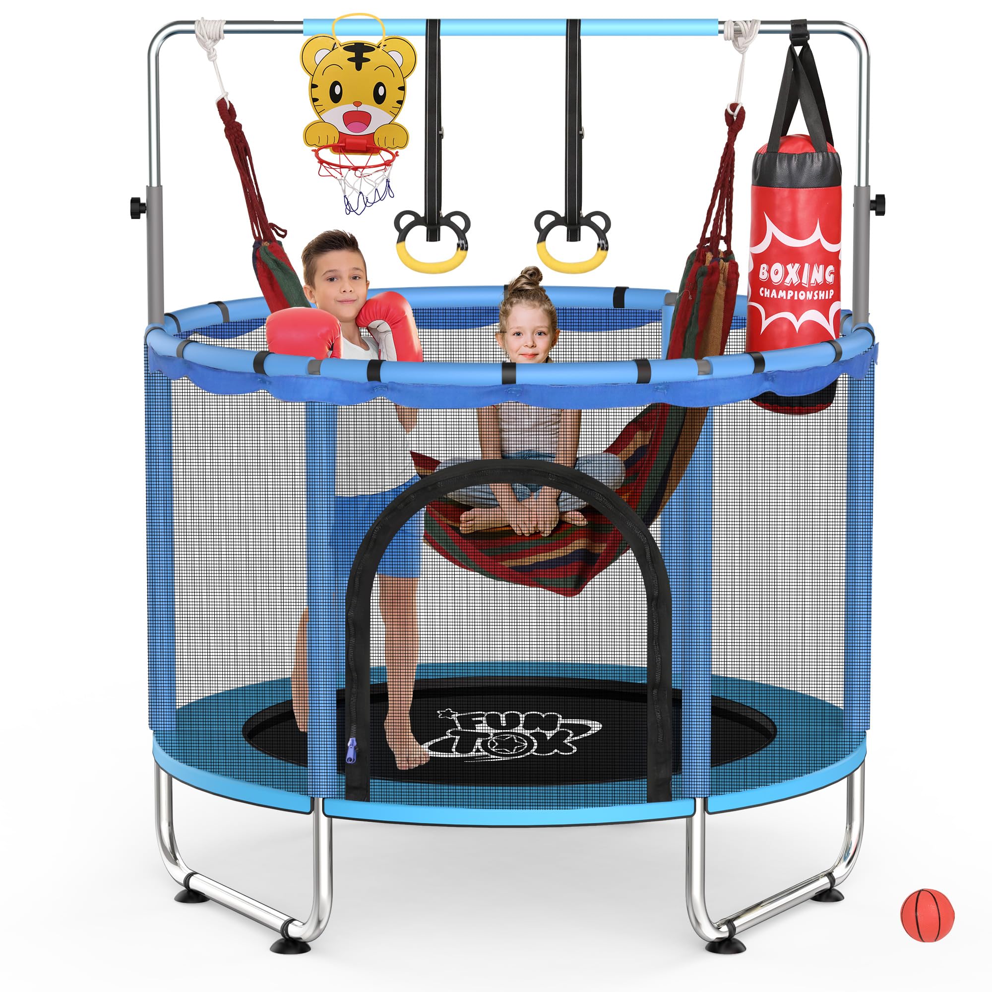 FUNTOK 140cm Toddler Trampoline with Safety Enclosure Net, 200kg Indoor Outdoor Mini Trampoline for Children, 3-Level Adjustable Handlebar, Basketball Hoop & Swing Set, Present for Birthday (Blue)