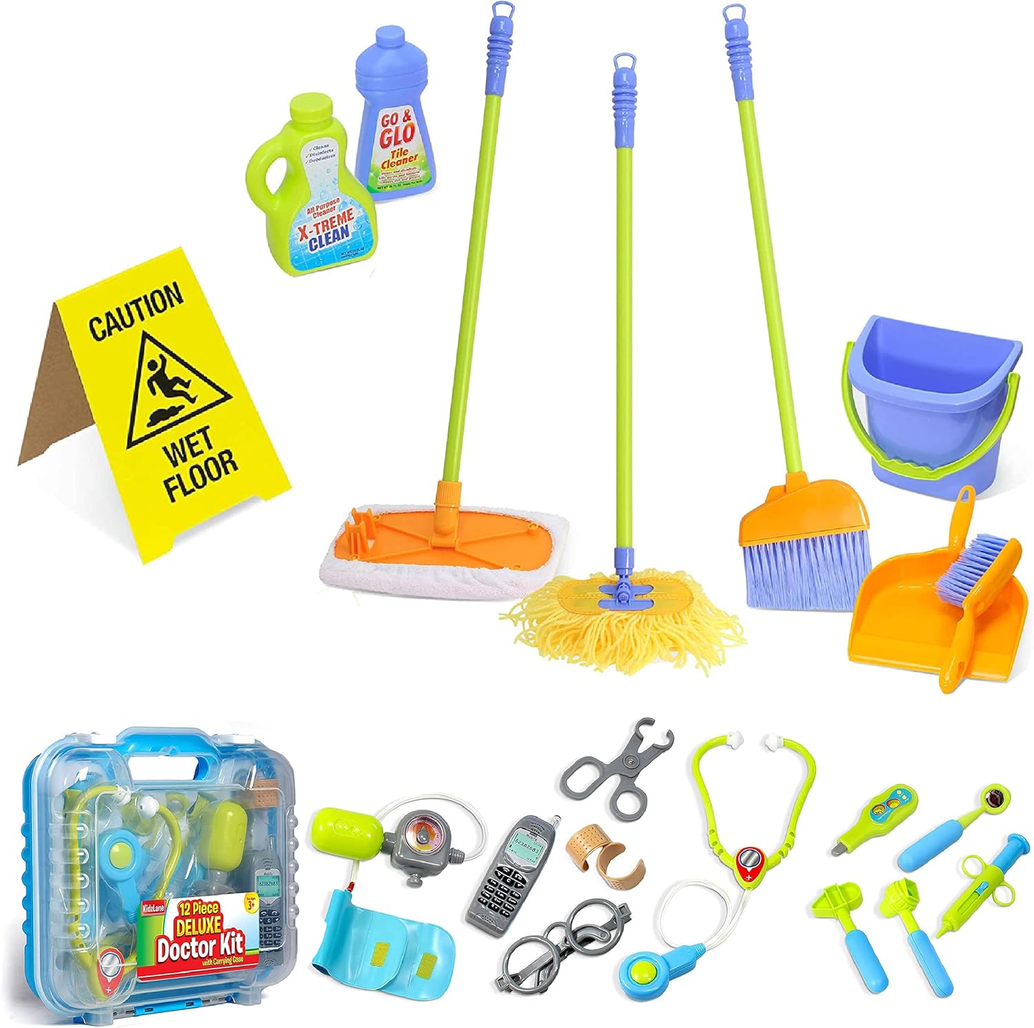 Kidzlane Cleaning Set for Toddlers Kids Play Broom, Mop and Cleaning Toys Set + Kids Doctor Playset with Electronic Stethoscope