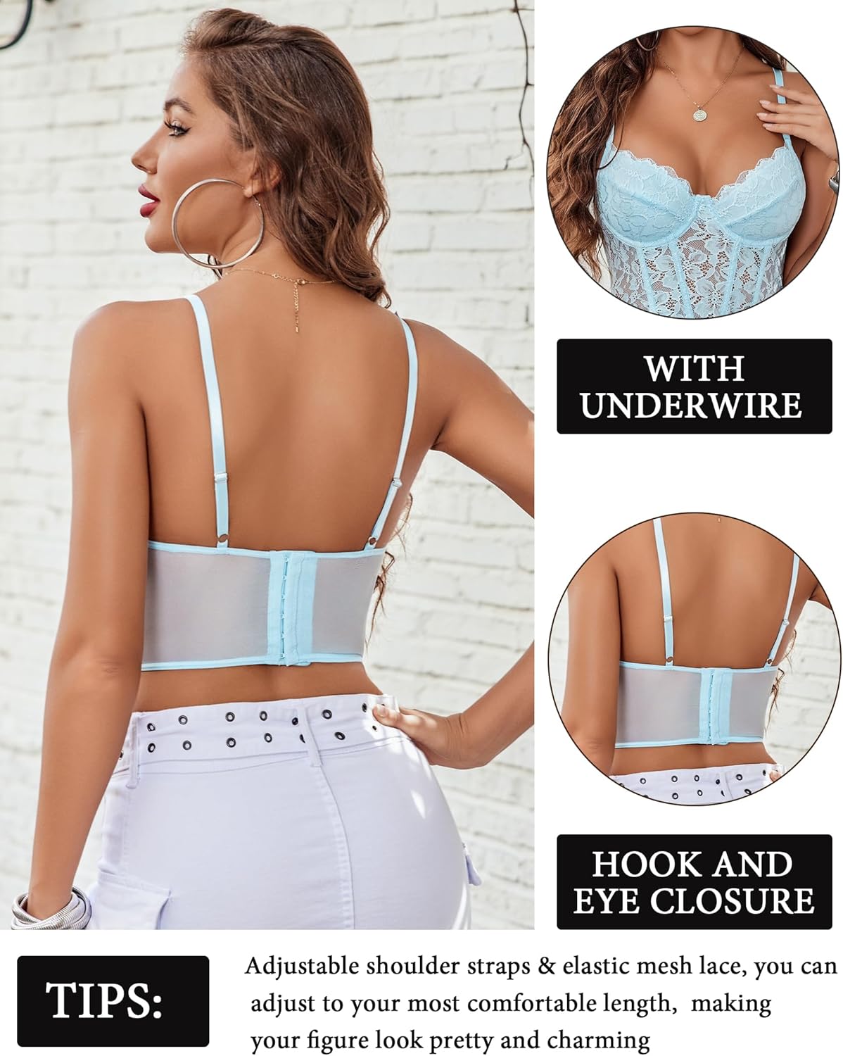 Avidlove Lace Bralette for Women V Neck Lingerie with Underwired Adjustable Strap Crop Top Light Blue - Image 3