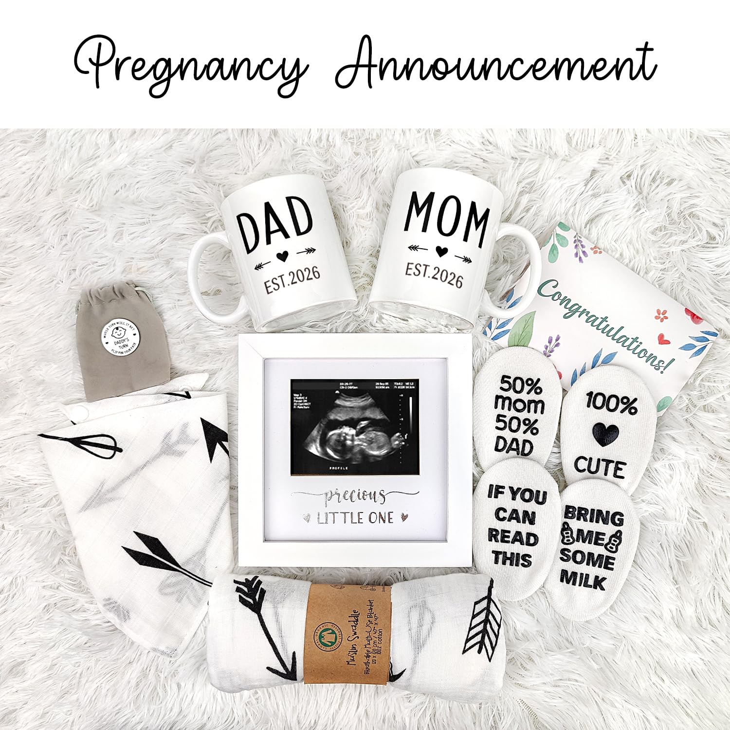 Pregnancy Gifts for New Parents Est 2026- New Mom Gifts Basket for Pregnancy Announcement, Baby Shower - Mom & Dad Mugs, Decision Coin, Ultrasound Frame, Swaddle Blanket, Bib, Socks