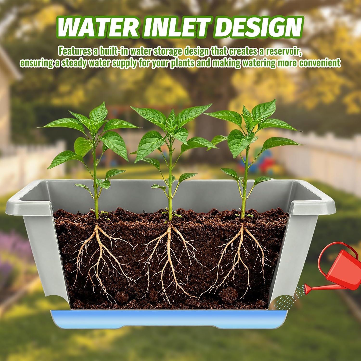 7 Pack Outdoor Planters, Plastic Rectangular Flower Pots with Saucers and Gardening Tools, 17 Inches for Indoor/Outdoor Plants, Herbs, Vegetables, Includes Trowel, Waterproof Mat & Gloves(Offwhite)