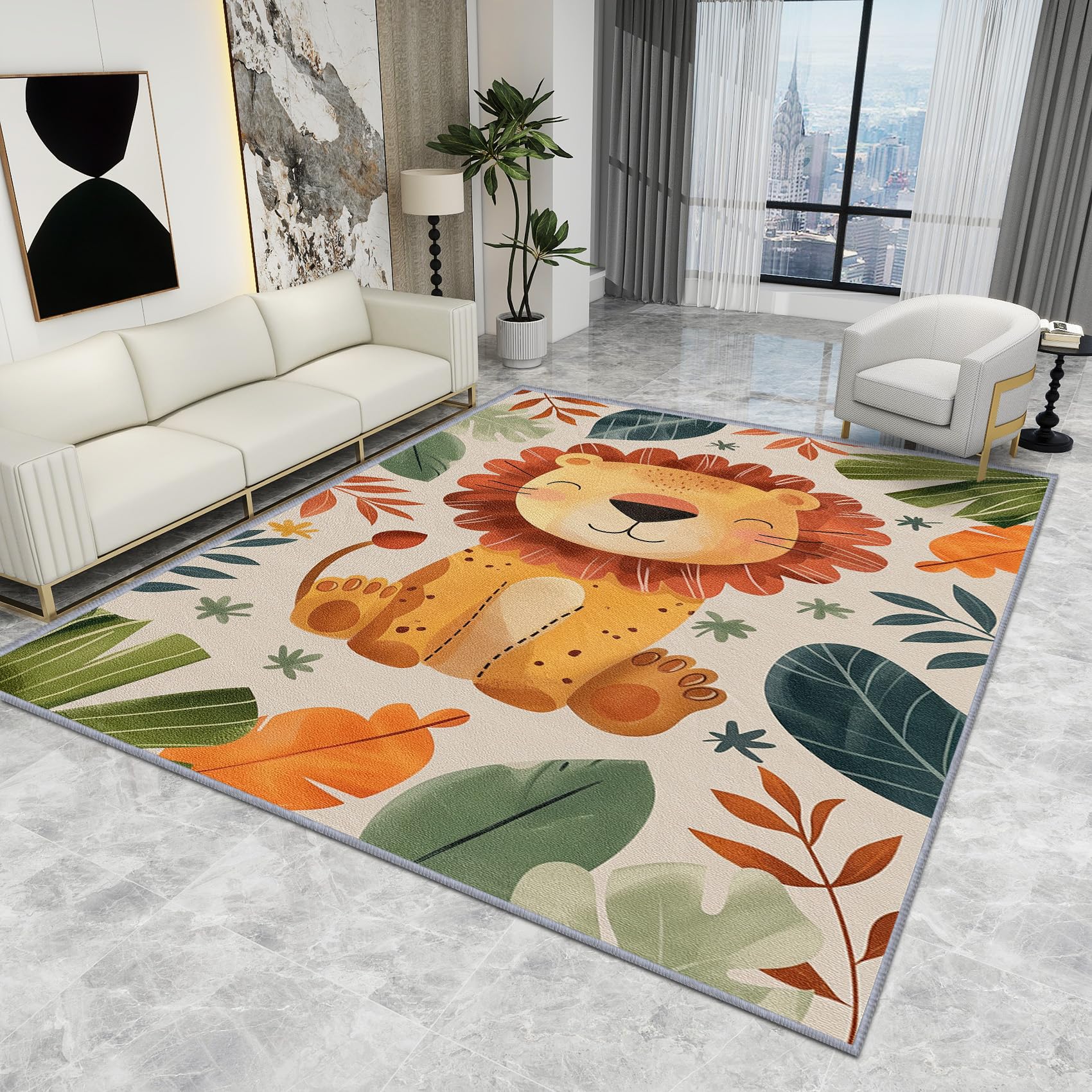 Lion Rug for Kids Bedroom - Cute Cartoon Jungle Animal Nursery Playroom Baby Carpet, Washable Non Slip Low Pile Soft Large Area Rug, Home Decor Gifts, 80 X 150 cm