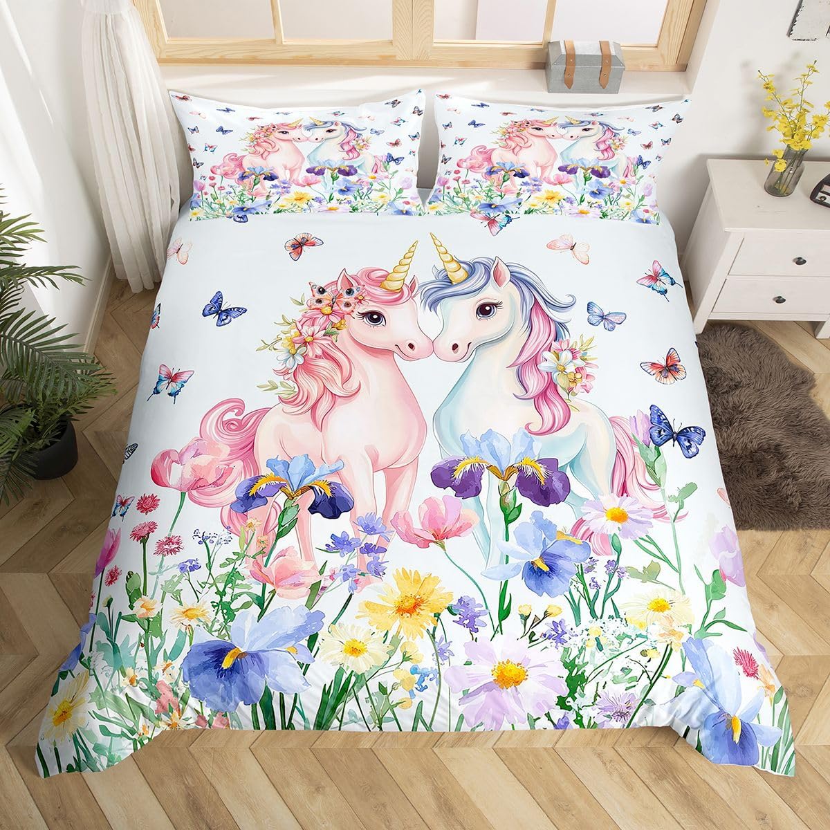 Floral Unicorn Bedding Set Girls Nature Flowers Print Bedding Set 135 x 200 cm Cute Unicorn Duvet Cover Set Beautiful Animals Pattern Decor 2-Piece