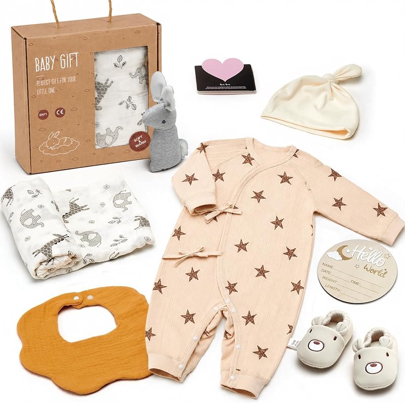 Baby Gift Set for Newborn Boys & Girls, 8 Piece Basket with Cotton Wrap Footed Onesie, Muslin Swaddle Blanket, Bib, Hat, Baby Shoes, Plush Bunny, Milestone Card & Gift Box