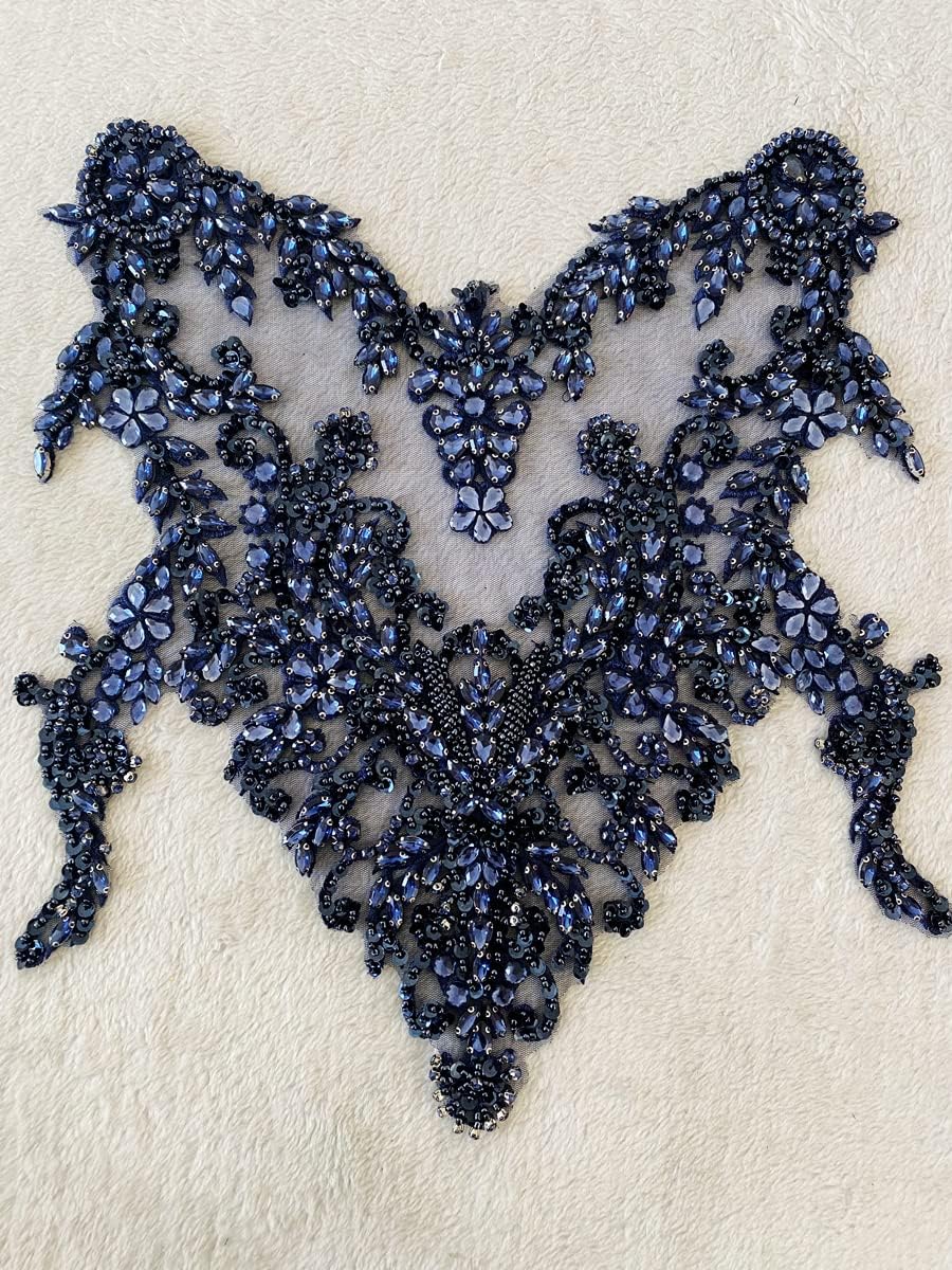 Handmade Rhinestones lace Applique handsewing Beads Sequins Trimming Patches for Dress Clothing Accessories More Colour (Deepblue)