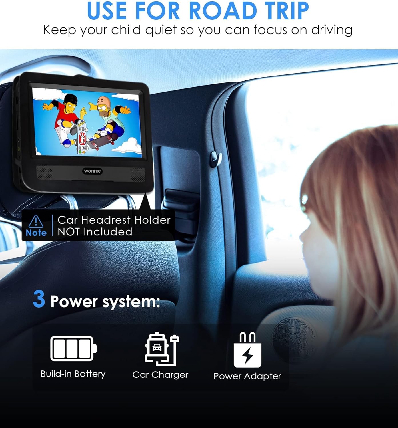 WONNIE 9.5" Portable DVD Player for Kids with 7.5" Swivel Screen, 6 Hours Rechargeable Battery, Car DVD Player with AV in/Out, Dual Speakers, Remote Control, Support USB/SD Card/Sync TV, All Regions - Image 2