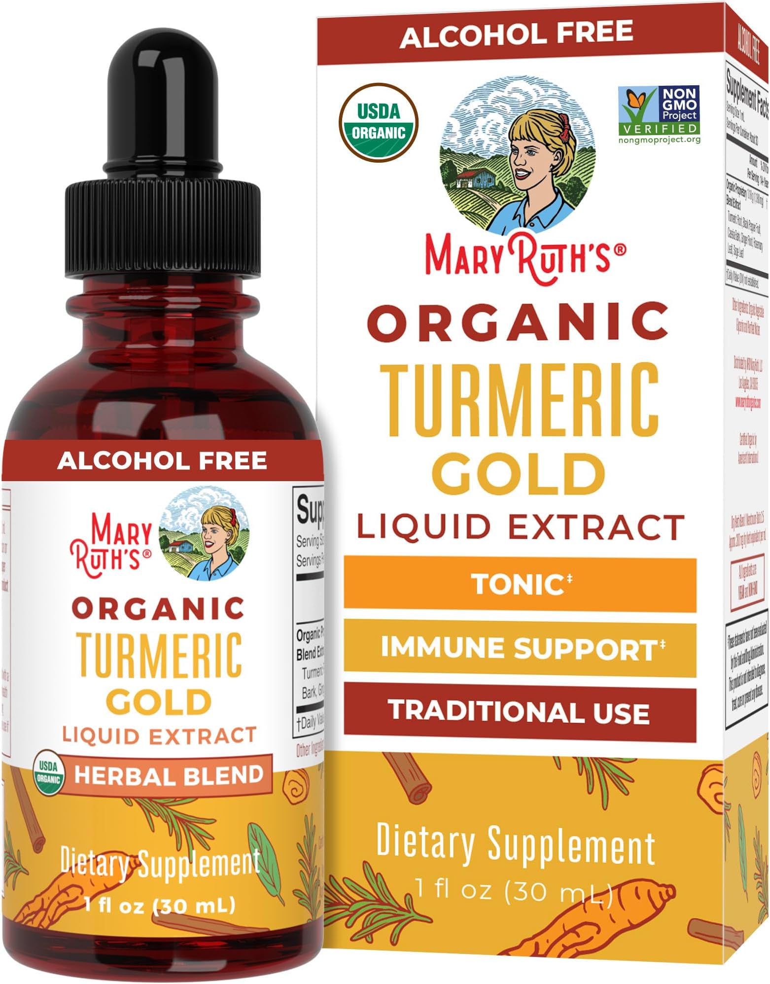 USDA Organic Turmeric Gold Liquid Drops by MaryRuth's | Liquid Herbal Blend | Turmeric Curcumin, Black Pepper, Cassia Cinnamon Bark, Ginger Root | Immune & Digestive Support | Non-GMO, Vegan, 1oz
