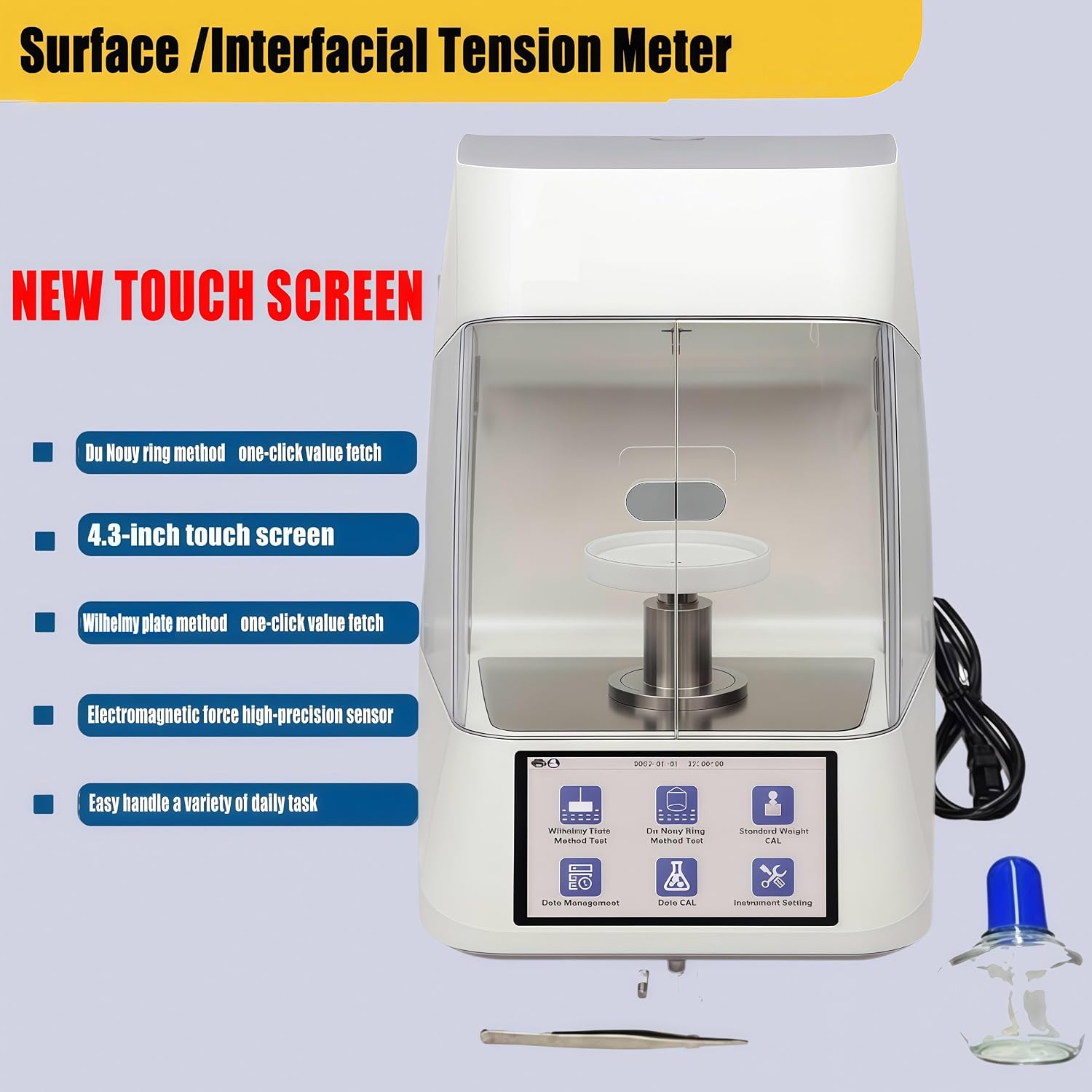 Touch Screen Automatic Interfacial Tensiometer Surface Tension Meter Tester With Du Nouy Ring Method Wilhelmy Plate Method Range 0 to 1000mN/m Accuracy 0.1mN/m For Oil Paint Industry Test