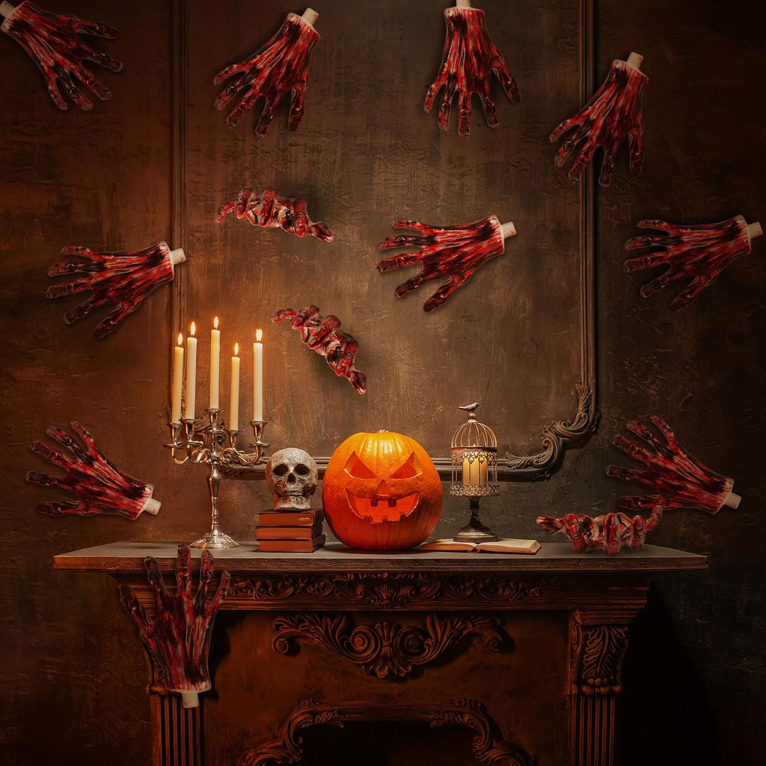 Sratte 5 Pairs Halloween Skeleton Hands Realistic Plastic Fake Hands for Halloween Props Decoration DIY Color Life Size Skeleton(Red)