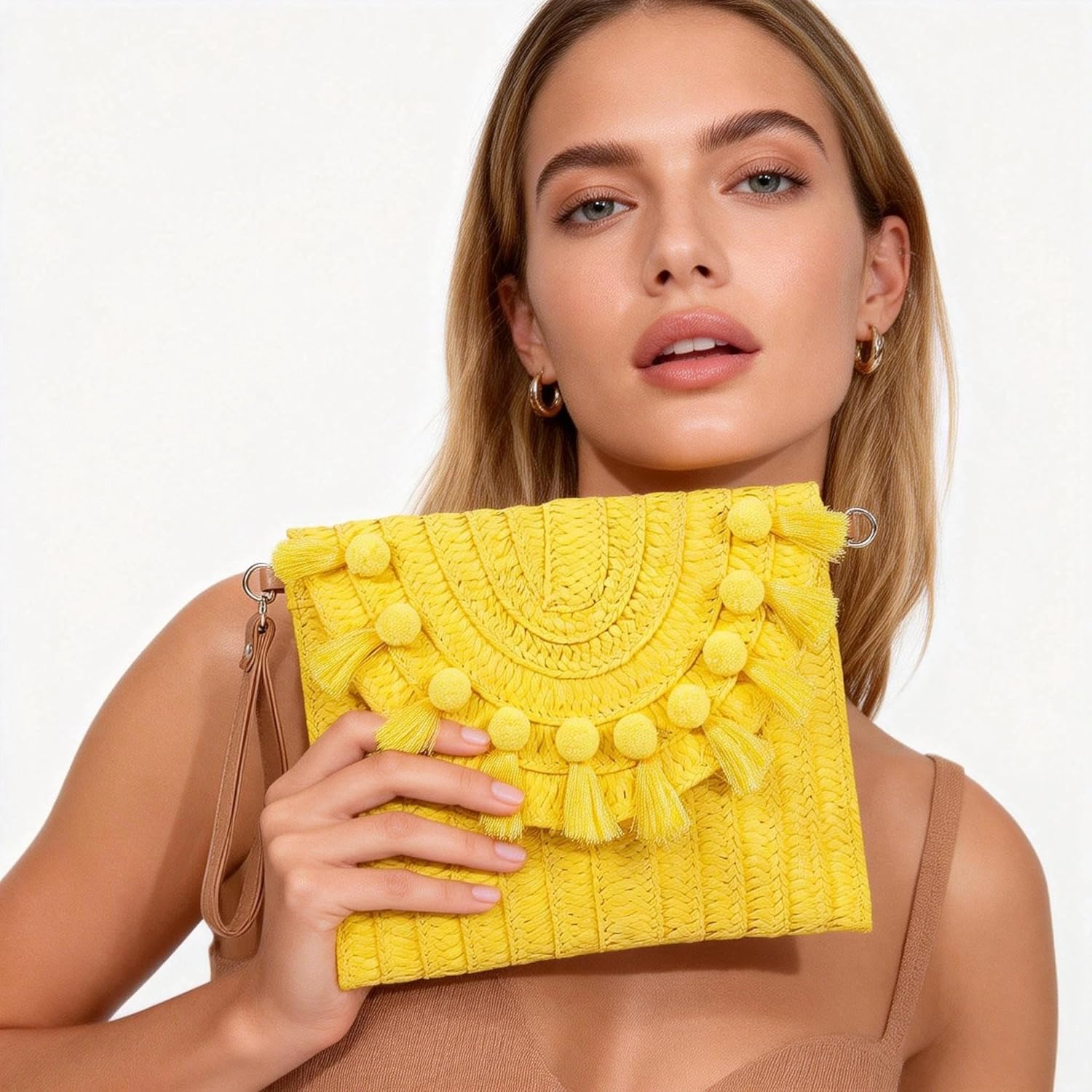 Straw Crossbody Bag for Women, Clutch Purses, Bohemian Handmade Woven Handbags, Tassels Summer Beach Bag, Envelope Wallet (Yellow)