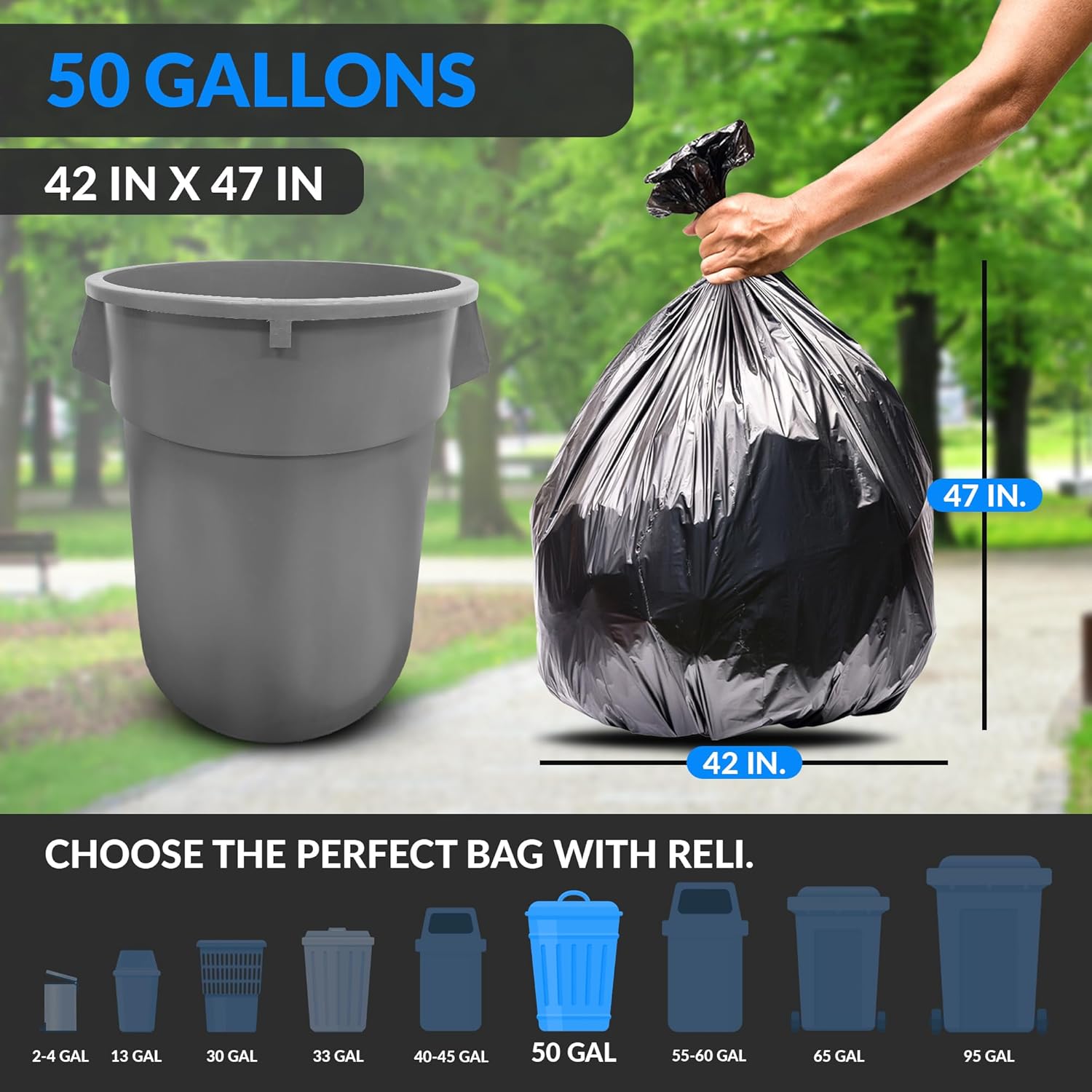 Reli. 50 Gallon Trash Bags (50 Count) | Black | Twist Ties Included | Extra Tough, Leak-Proof, Heavy Duty Garbage Bags | Ideal for Large Clean Ups