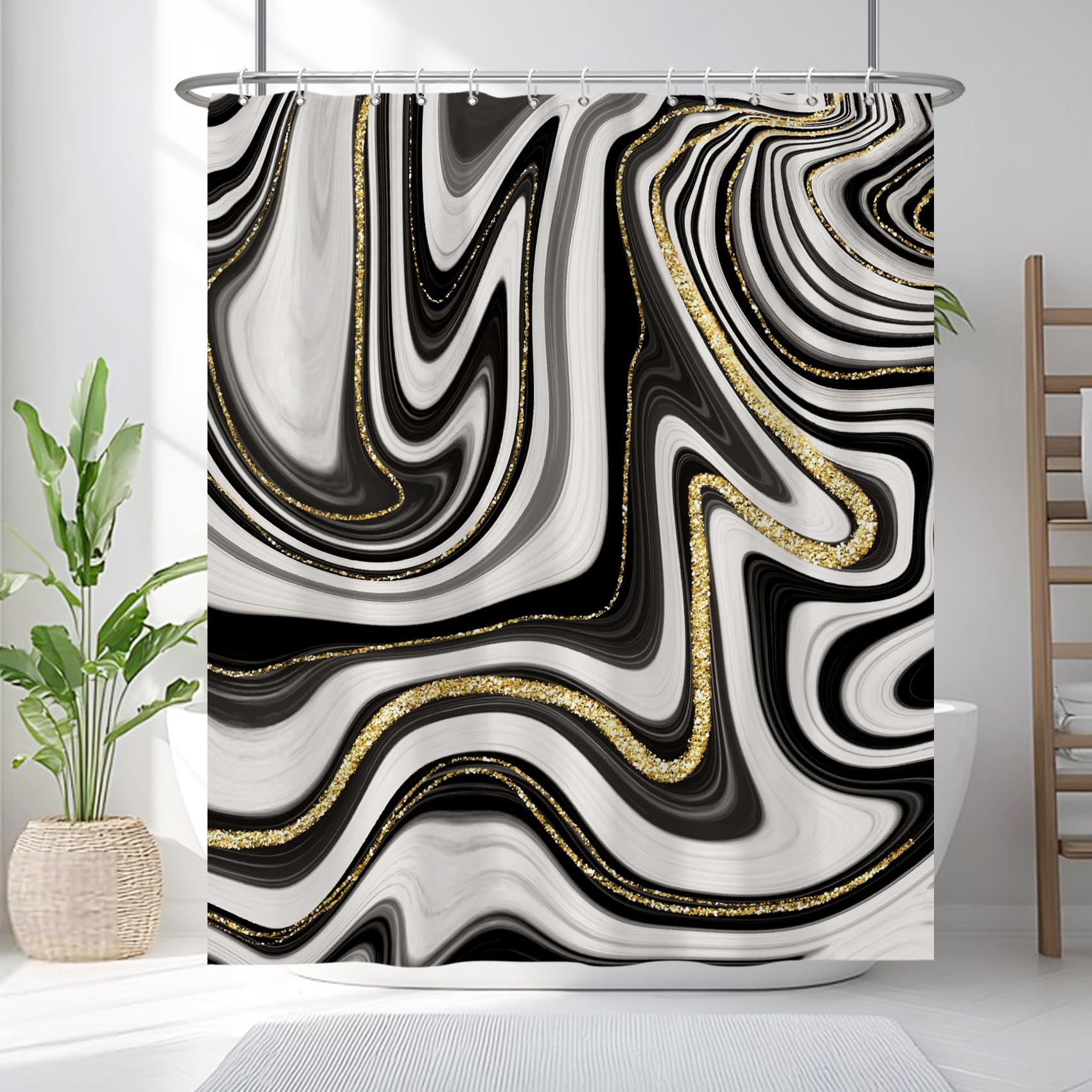 Rideau de douche en marbre noir et doré 183x183cm chic | Renaissance moderne