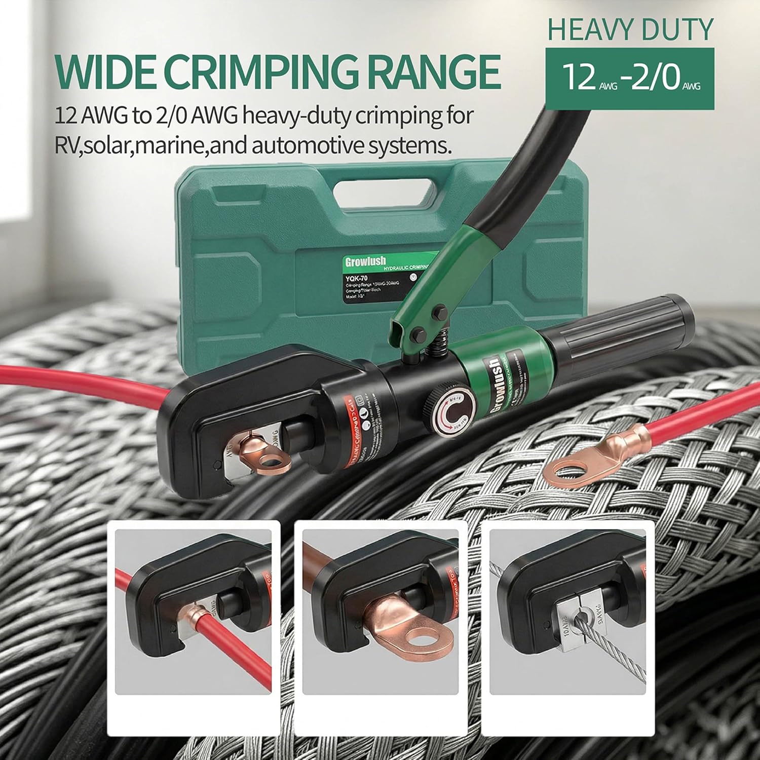 Hydraulic Crimping Tool, 2/0 Battery Cable Crimper, 10T Hydraulic Crimper for US AWG Size 12-2/0 Gauge Stranded (9 Sets of US Standard Crimping Dies: 12, 10, 8, 6, 4, 2, 1, 0, and 00AWG)