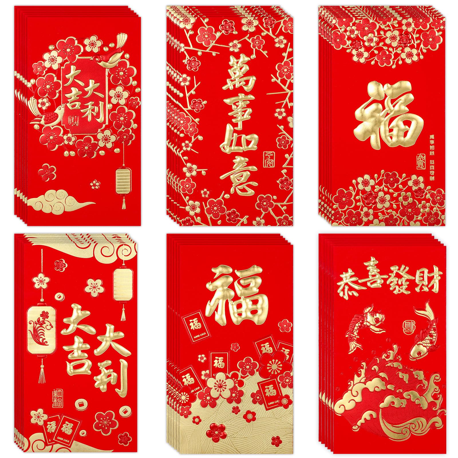 36pcs Chinese New Year Red Envelopes, 6 Style Gold Foil Hot Stamping Hong Bao Pocket Red Packets Chinese Lucky Money Envelopes for Chinese New Year Festive Wedding Birthday Occasions(Style 3)