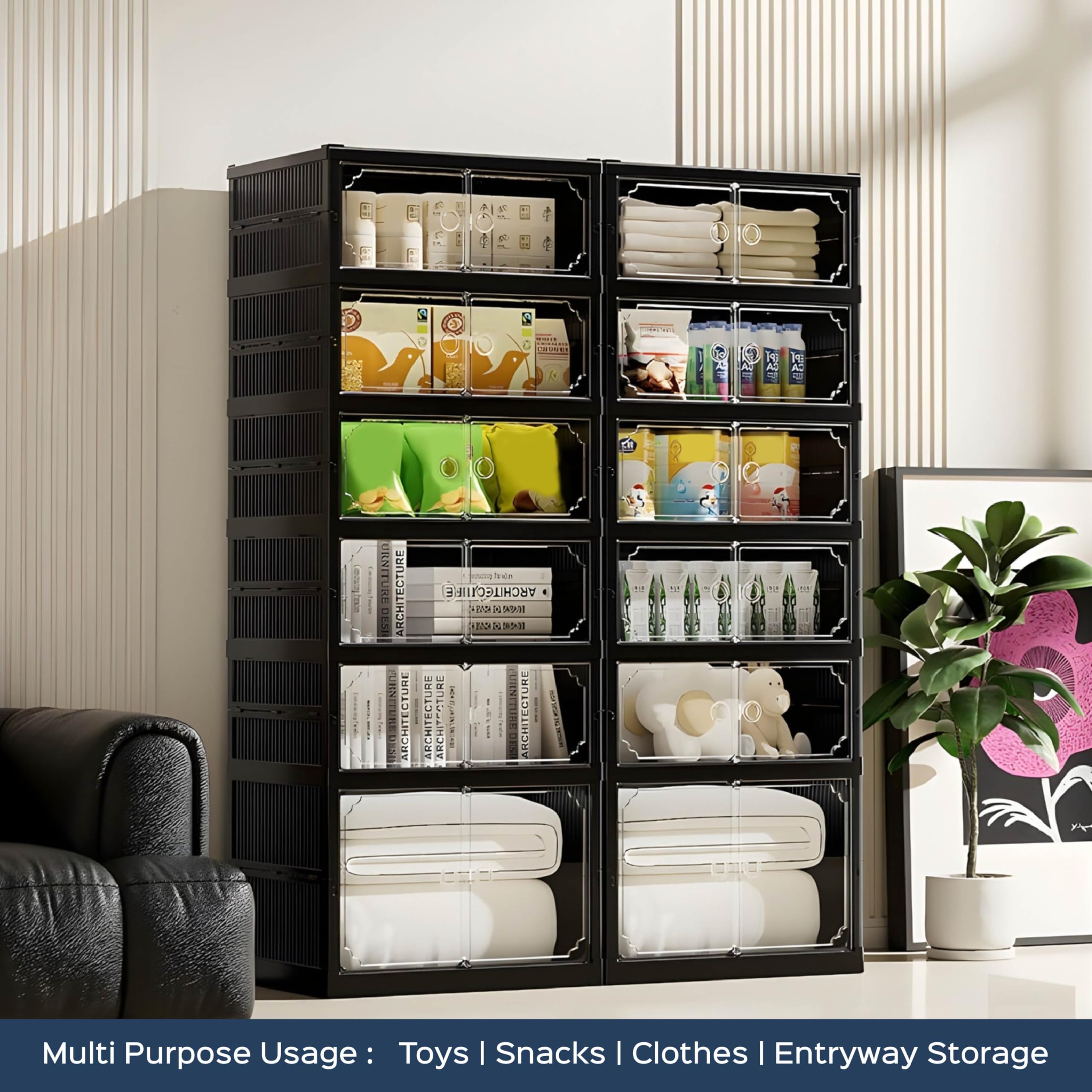 HomeStrap Shoe Stack Foldable Shoe Organizer with Wheels | Fits 12 Pairs | 6-Slot Shoe Rack with Clear Magnetic Doors | Dust & Moisture-Proof Multipurpose Storage for Entryways, Bedrooms (Black) 3