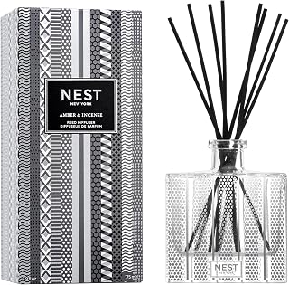 Reed Diffuser, Amber & Incense - 5.9 fl oz - Fragrance for Up to 90 Days - Reusable, Refillable Glass Holder - Includes 8 All-Natural Reed Sticks - Flame Free