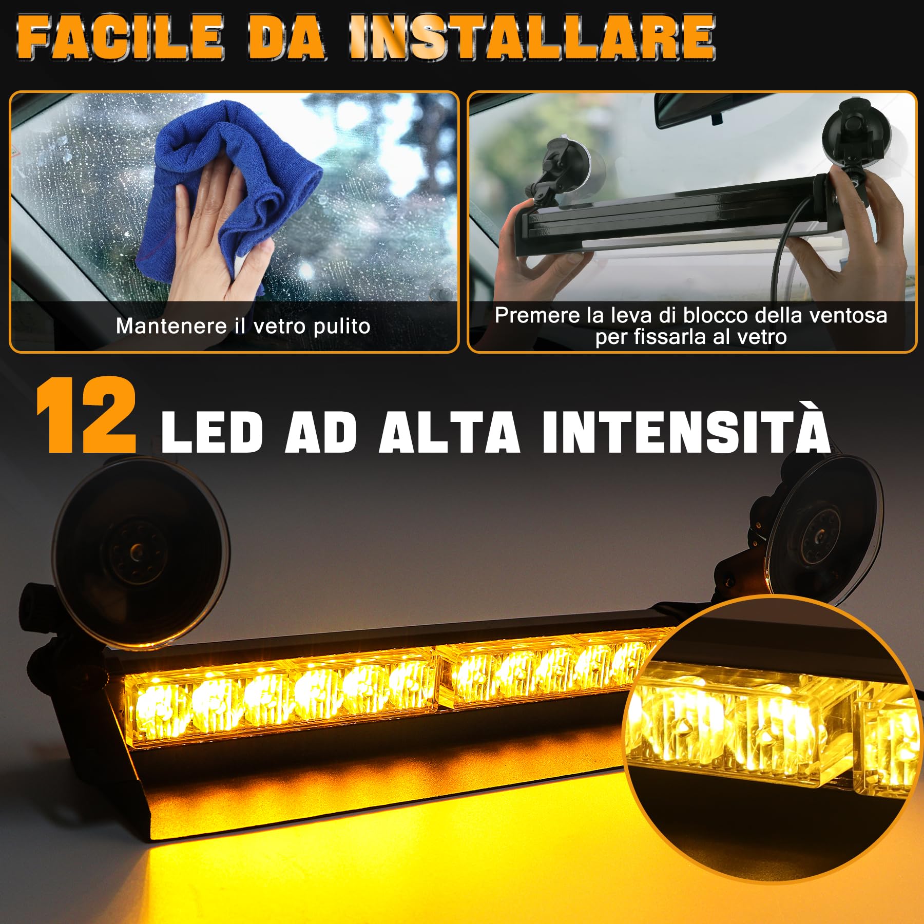 Barra LED Stroboscopica 14 Pollici 12 LED Ambra 12V/24V IP66 9 Modalità Luce Emergenza con Ventose Parabrezza Lampada Lampeggiante per Auto Camion Furgoni Veicoli Lavoro