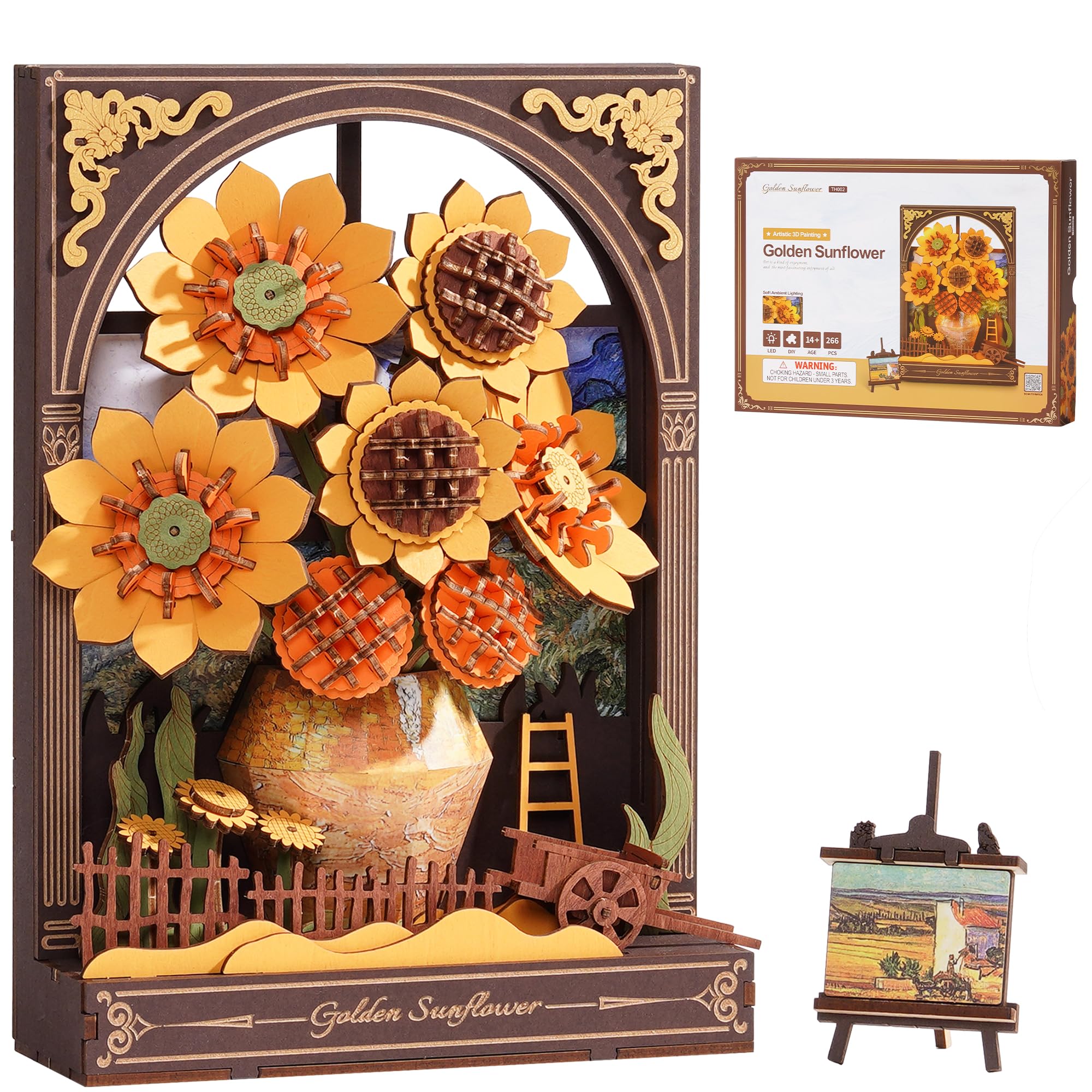 ROBOTIME 3D Puzzle Sunflower, Wooden Flower Model Kits for Adults to Build Hangable Art 3D Painting Wall Decor