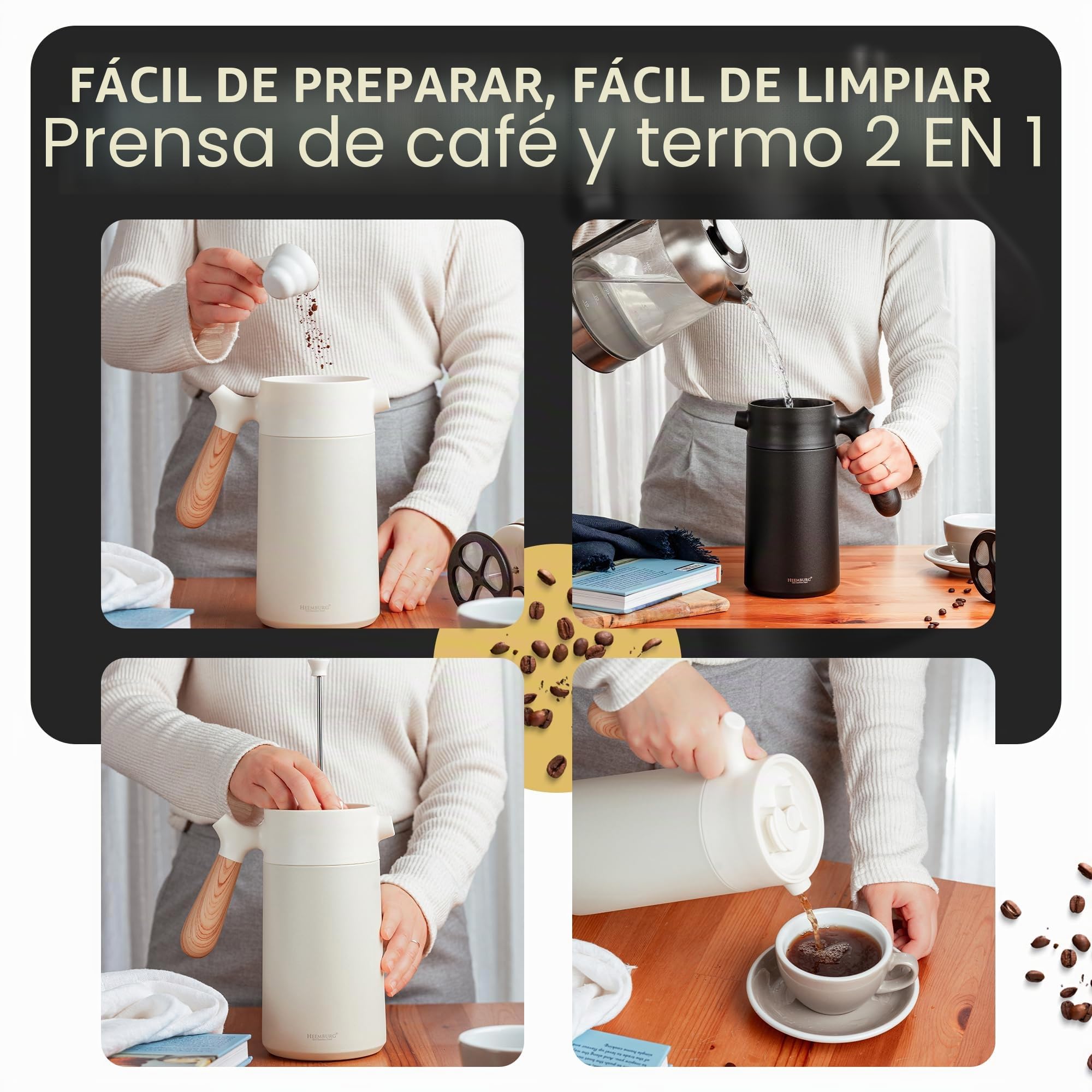 Heemburg French Coffee Press – Cafetera térmica de calidad de acero inoxidable | Prensa de café con aislamiento de doble pared para un café y té perfectos