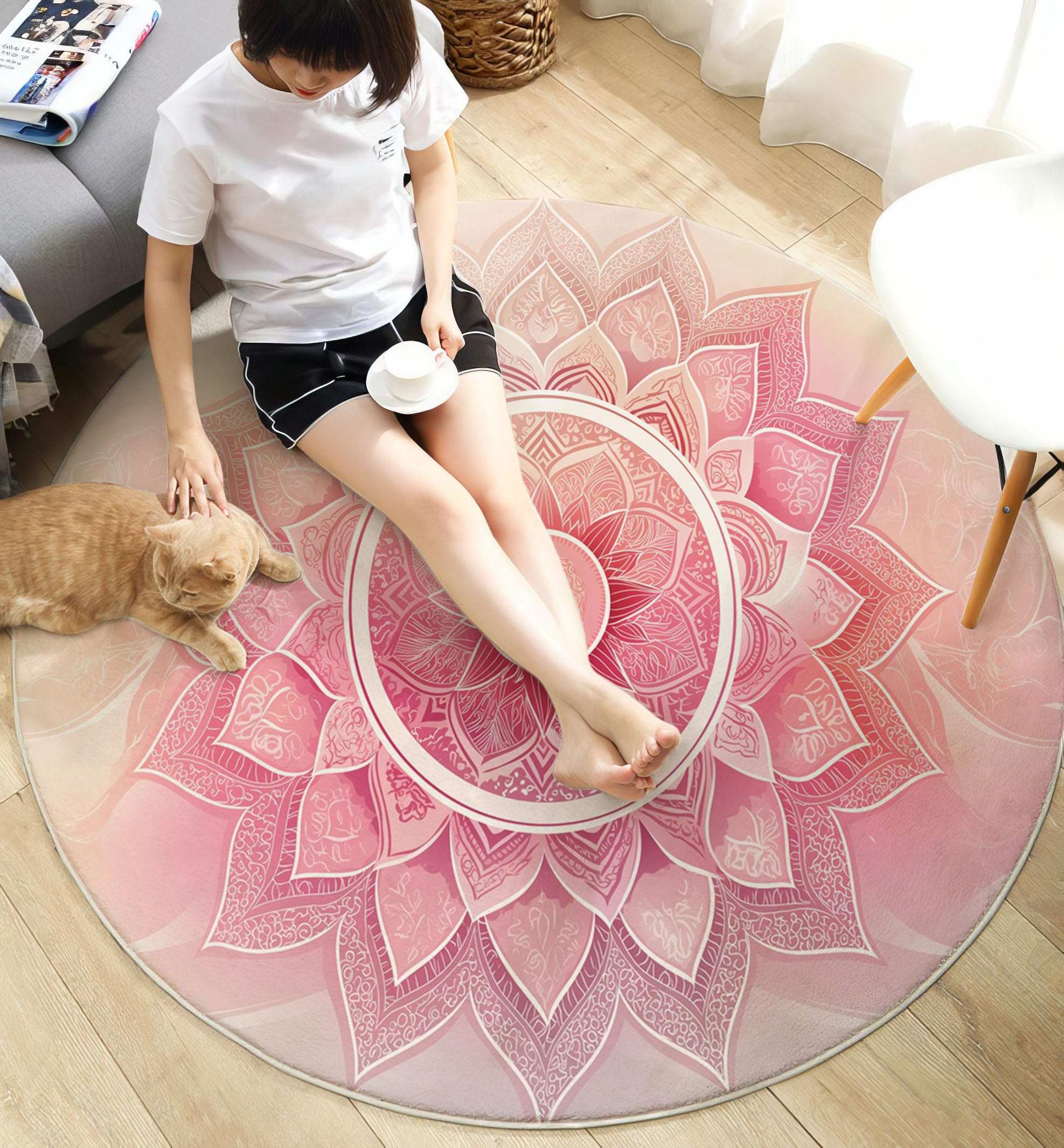 Tapis Rond à Poils Ras Mandala en Ligne Antidérapant Lavable Tapis de Sol Thème De Méditation Moquette Décoration pour Salon Chambre Canapé Descente de lit, 120 cm, Rose