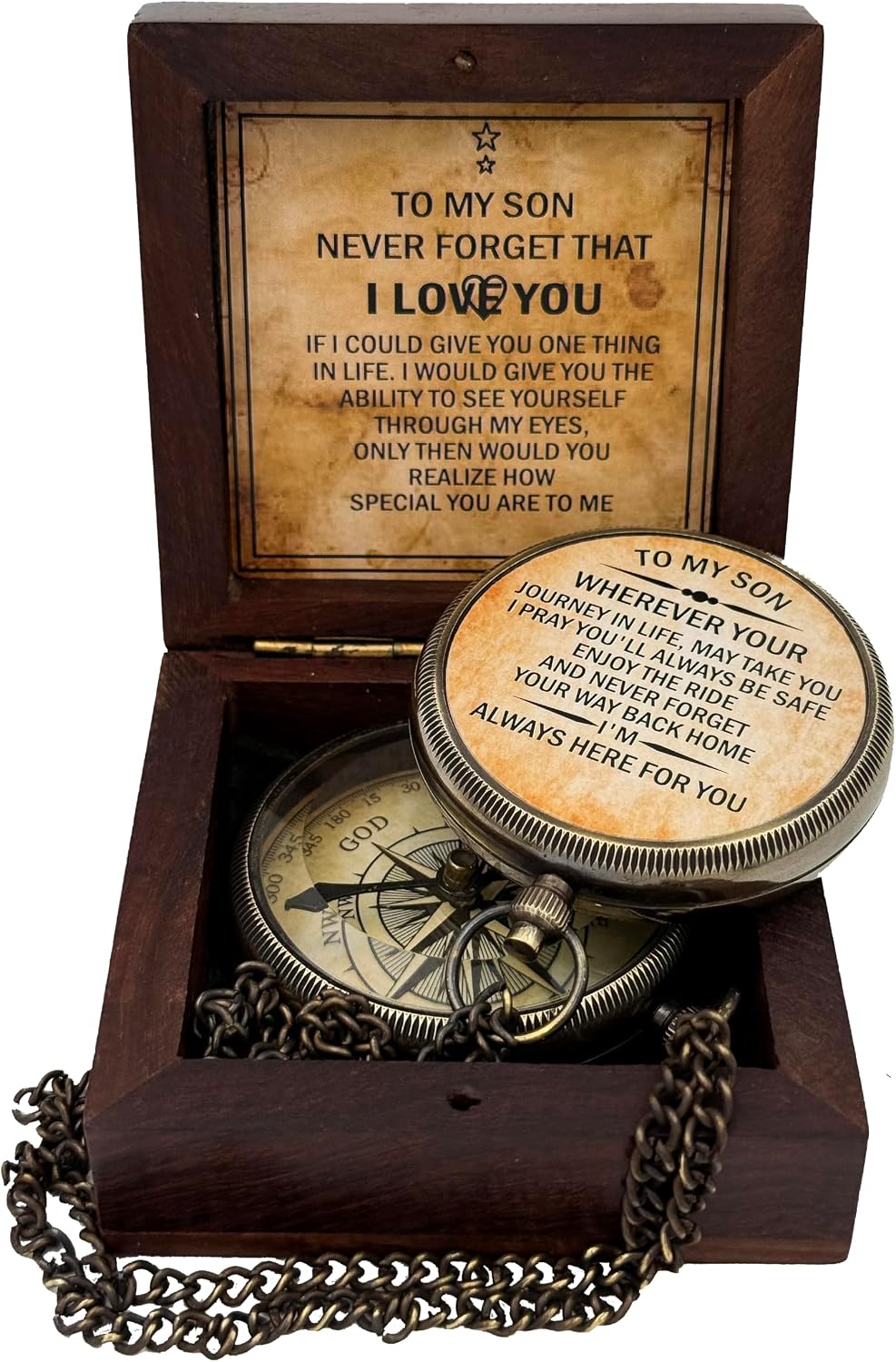 Brass Compass with Wooden Case | Engraved Compass from Mom to Son | Graduation Gift, Birthday, Inspirational Travel Keepsake