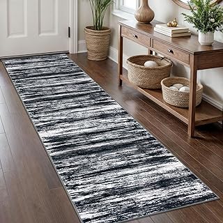KOZYFLY Modern Abstract Hallway Runner Rug, 2x8 Washable Rug Runner Non-Slip Soft Striped Kitchen Runner Rugs, Black Navy Blue Grey Carpet Runner for Entryway Bathroom Laundry Room Foyer