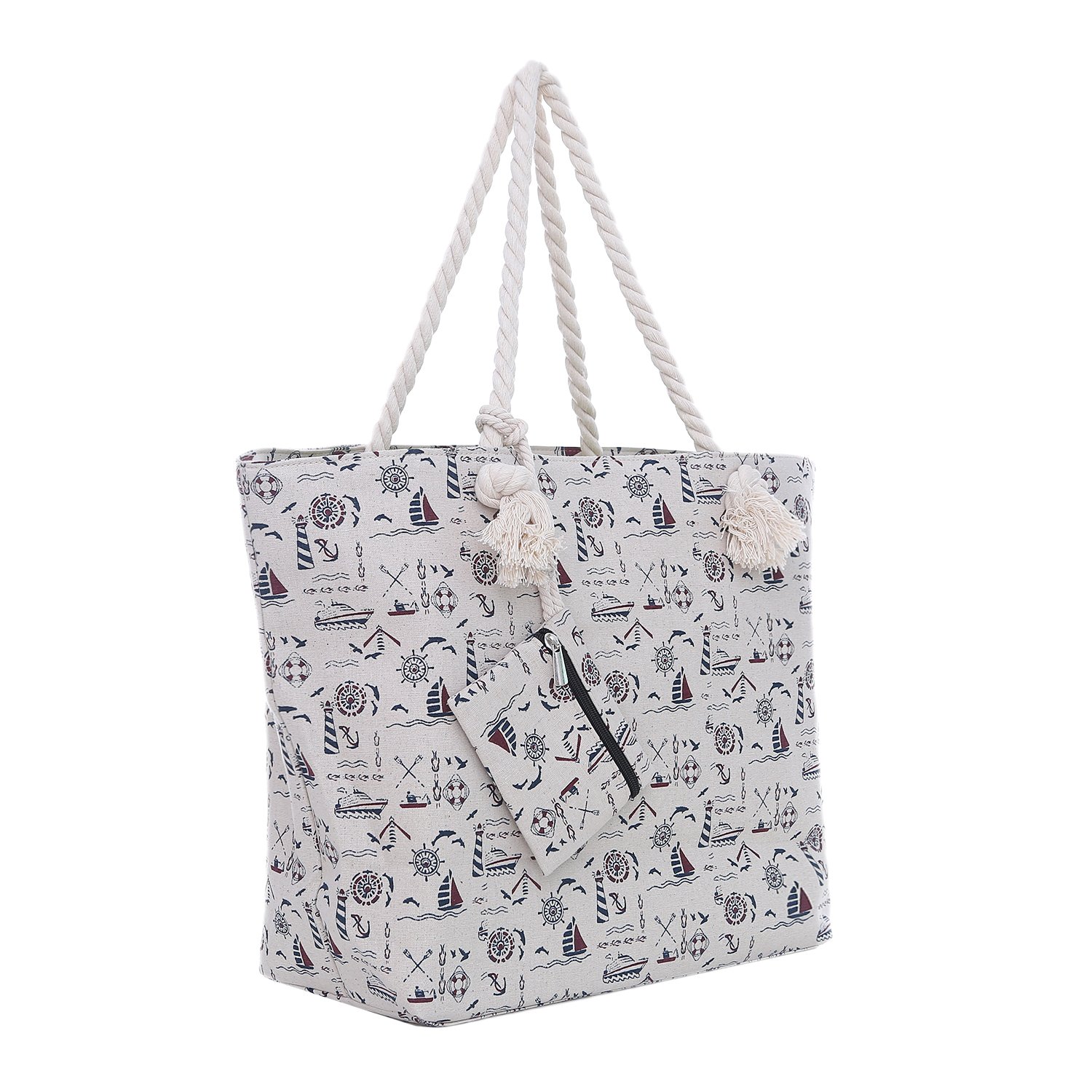 DonDon Bolsa de playa grande con cremallera 58 x 38 x 18 cm diseño marítimo color natural shopper bolsa de hombro estilo de yate (yacht style)