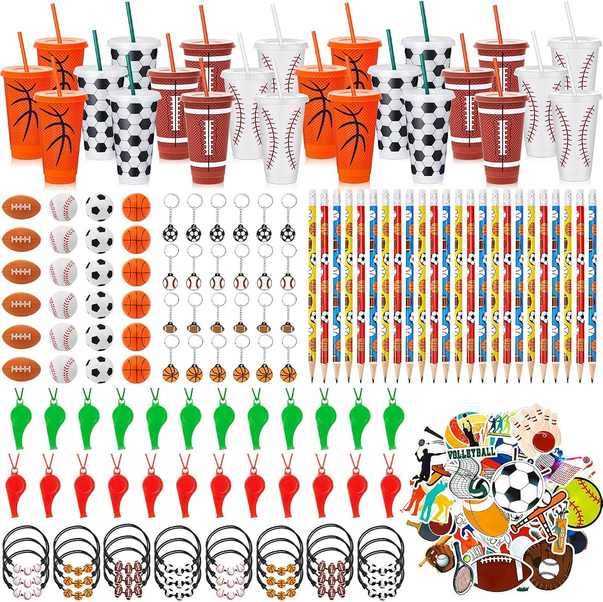 Hollowfly - Juego de 24 bolsas de regalos para fiestas deportivas, fútbol, ​​baloncesto, béisbol, incluye vasos con pajita, minibolas antiestrés, llaveros, pulseras, silbatos, pegatinas, lápices para suministros de fiesta de cumpleaños