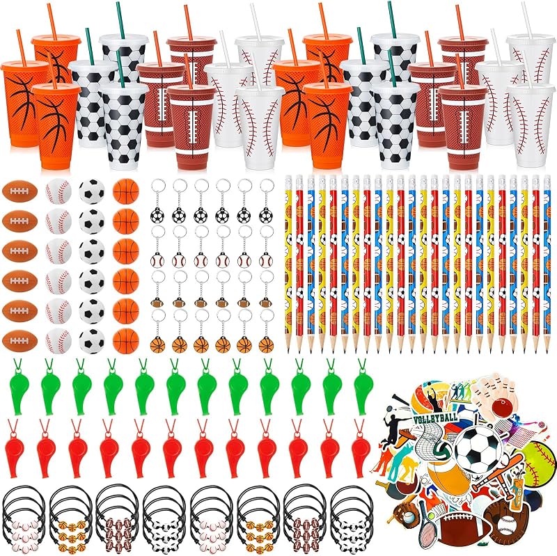 Hollowfly - Juego de 24 bolsas de regalos para fiestas zapatillas, fútbol, ​​baloncesto, béisbol, incluye vasos con pajita, minibolas antiestrés, llaveros, pulseras, silbatos, pegatinas, lápices para suministros de fiesta de cumpleaños