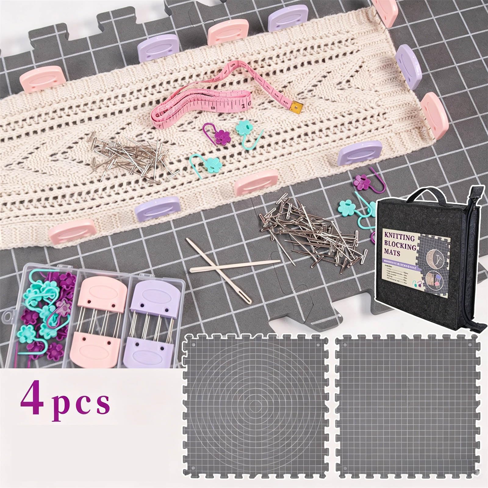 Tapetes de bloqueo para tejer con guías de medición impresas, juego de 4 tapetes, bolsa de transporte y herramientas de modelado para trabajos de crochet Tapetes de bloqueo de punto Tabla de crochet
