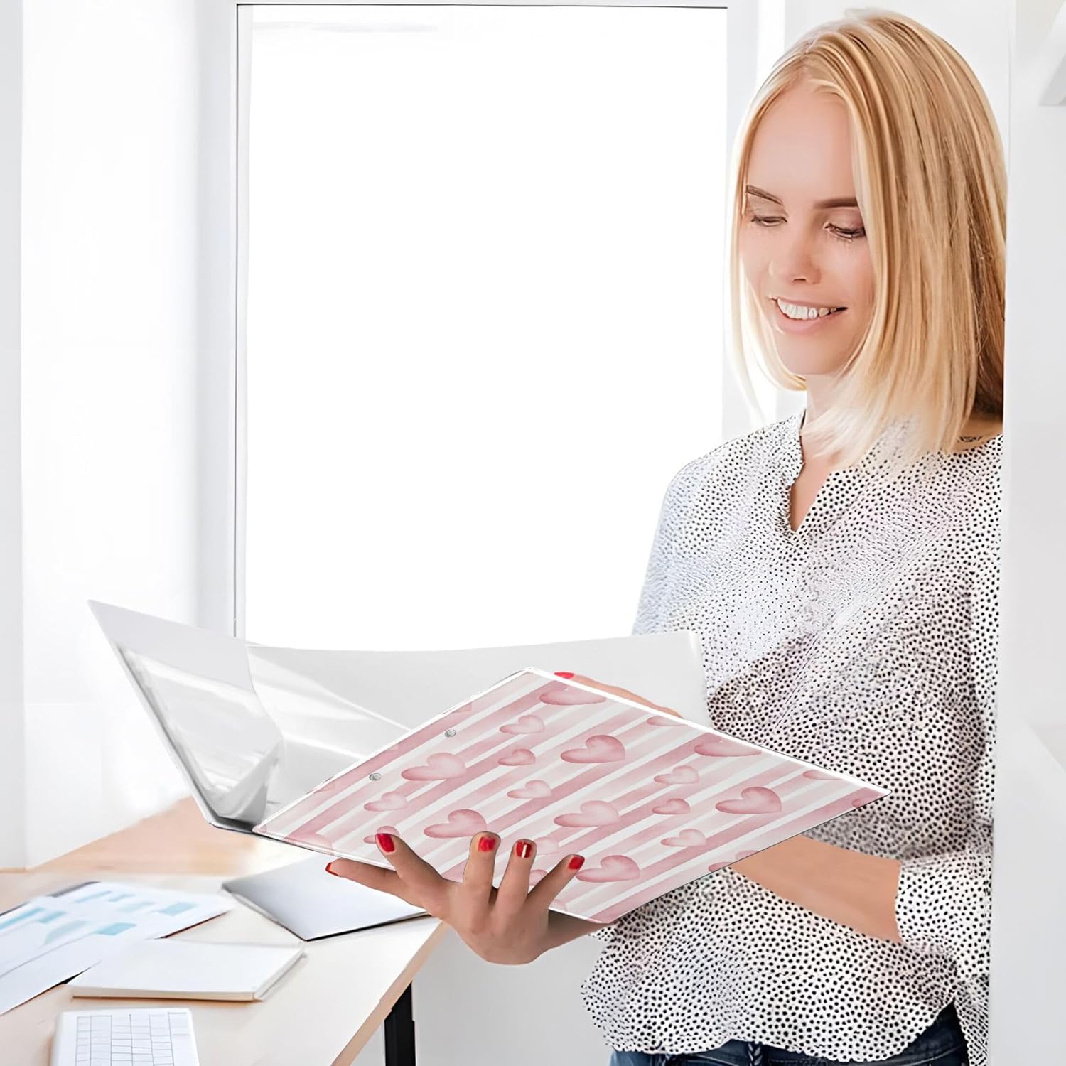 Valentine's Pink Heart Stripes 3 Ring Binders, 1.5” Round Ring Binders with Clipboard - Letter Size, 3 Interior PVC Clear Pockets & Anti-Slip Clip for Office School Supplies, 2PCS