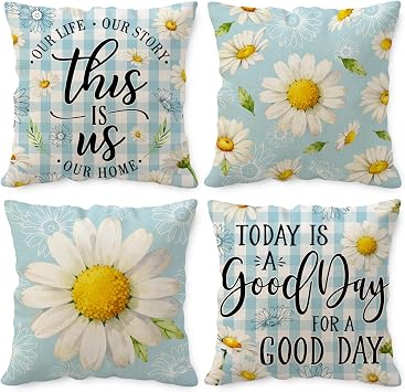 Spring Summer Pillow Covers 16x16, Floral Daisy Throw Pillowcase, Blue Farmhouse Summer Decor Flower Pattern Square Cushion Covers for Sofa Bed Couch Set of 4