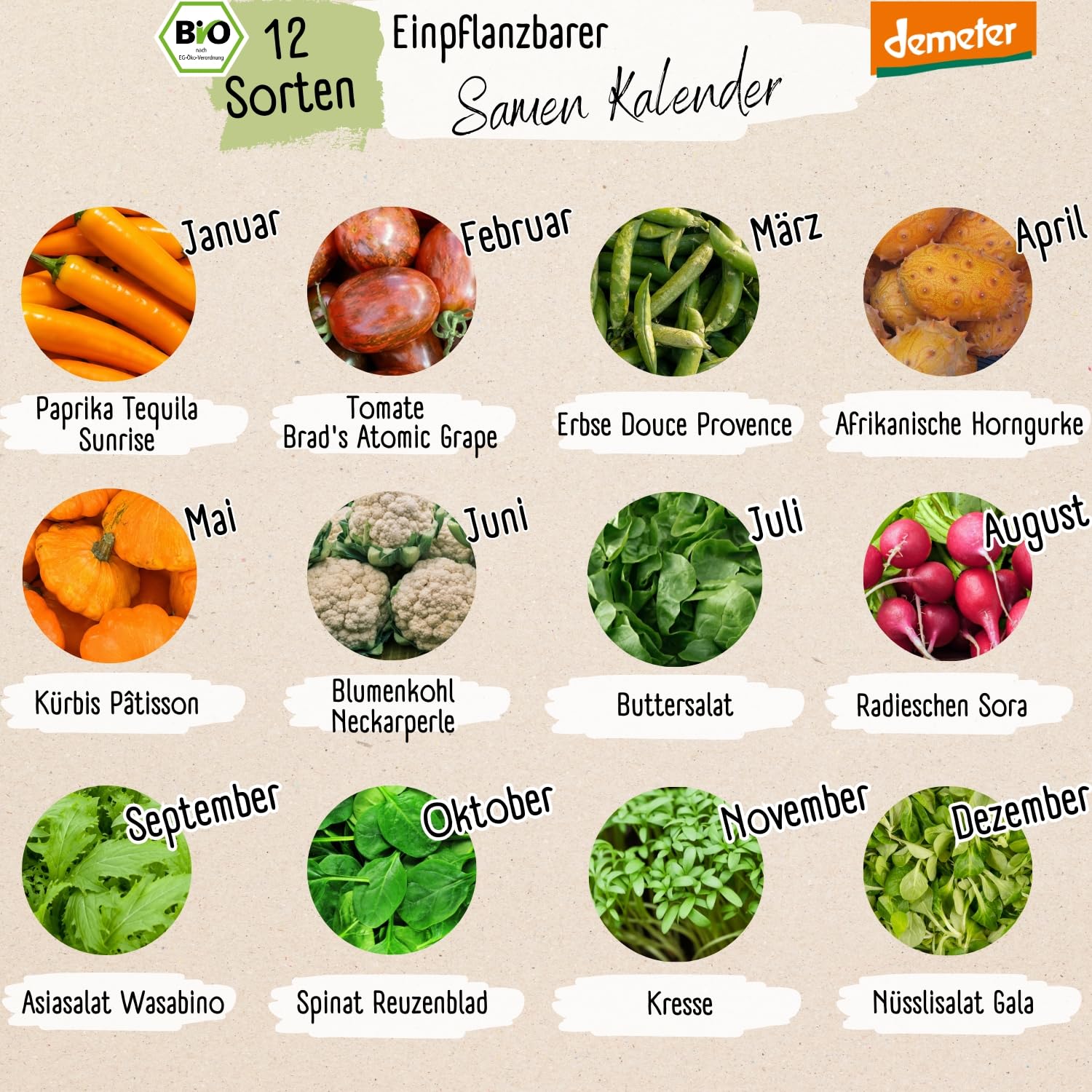 Bio Saatgut Kalender 2027 – Garten Wandkalender A4 mit 12 Sorten Demeter Gemüse Samen | Einpflanzbarer Monatskalender von Loveplants mit Aussaatkalender | Geschenkideen für deine Gartenfreunde