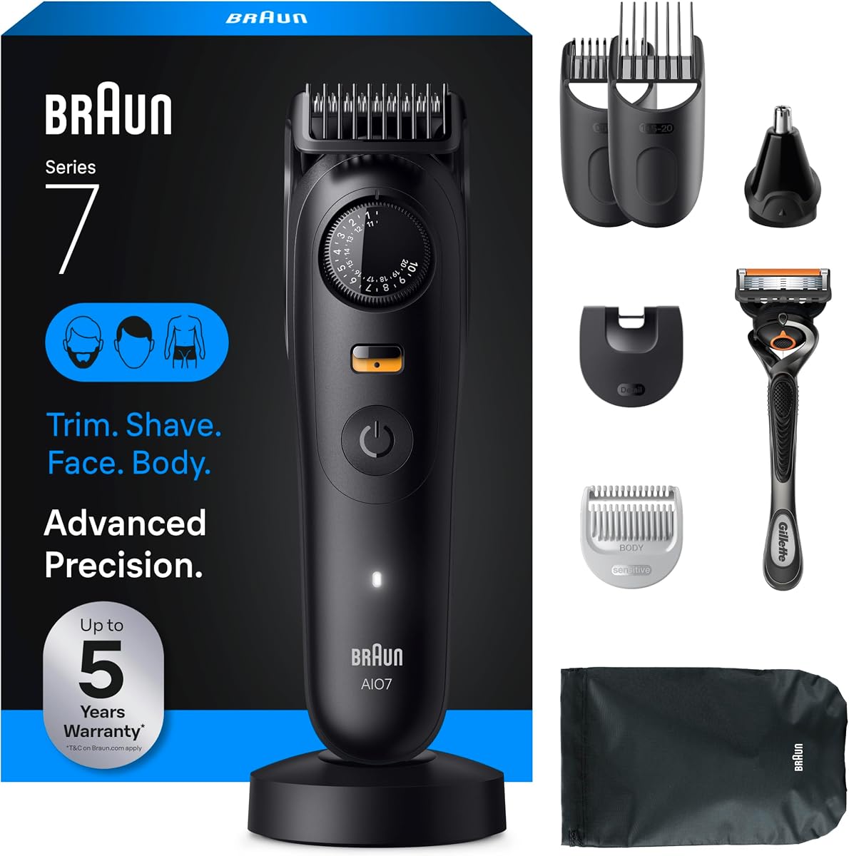 Cortapelos eléctrico todo en uno Serie 7 para hombre, cortapelos, afeitadora y maquinilla de afeitar para rostro, cabello y cuerpo, todo en uno AIO 7535 con maquinilla de afeitar Gillette ProGlide, inalámbrico
