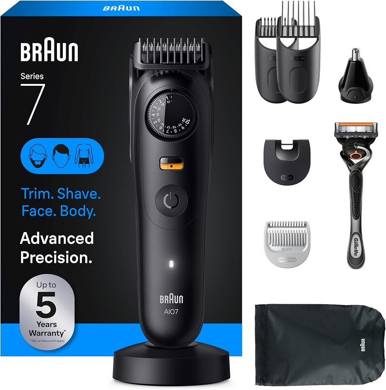 Cortapelos eléctrico todo en uno Serie 7 para hombre, cortapelos, afeitadora y maquinilla de afeitar para rostro, cabello y cuerpo, todo en uno AIO 7535 con maquinilla de afeitar Gillette ProGlide, inalámbrico