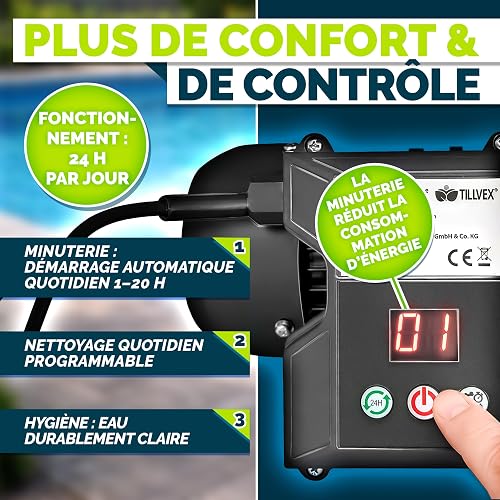 tillvex Système de Filtre à Sable 10m³/h + 800g Boules de Filtre – 7 Fonctions | Filtre de Piscine avec indicateur de Pression | Filtre à Sable pour bassins & piscines (Vert avec minuterie) - 5