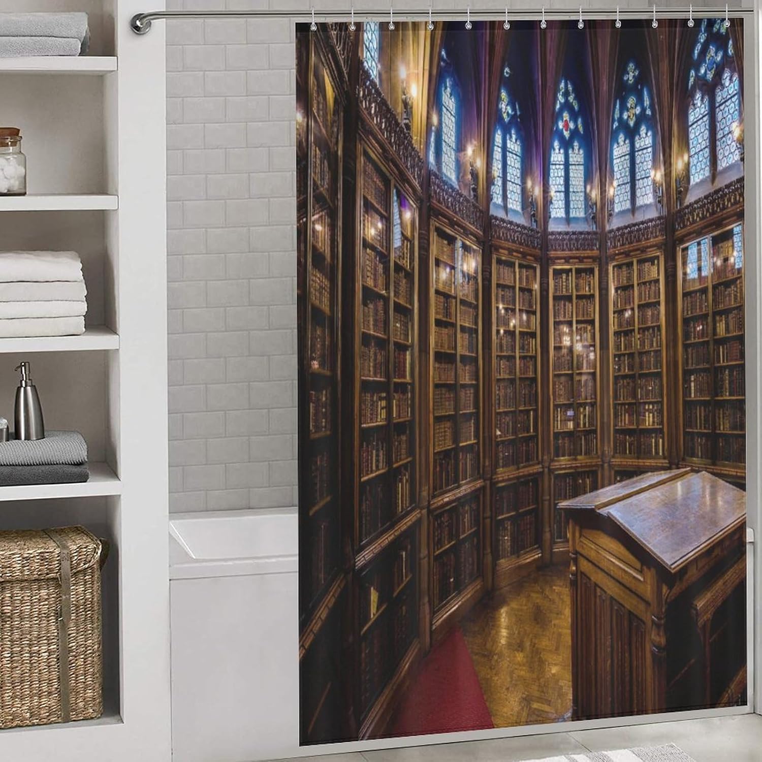 Bookshelf Shower Curtain, Vintage Middle Ages Books Library Bookshelf Mid Century Bookcase Washable Waterproof Fabric Bath Curtains Set for Bathroom Decor Art with 12 Hooks - 60x72Inch（152x183cm）