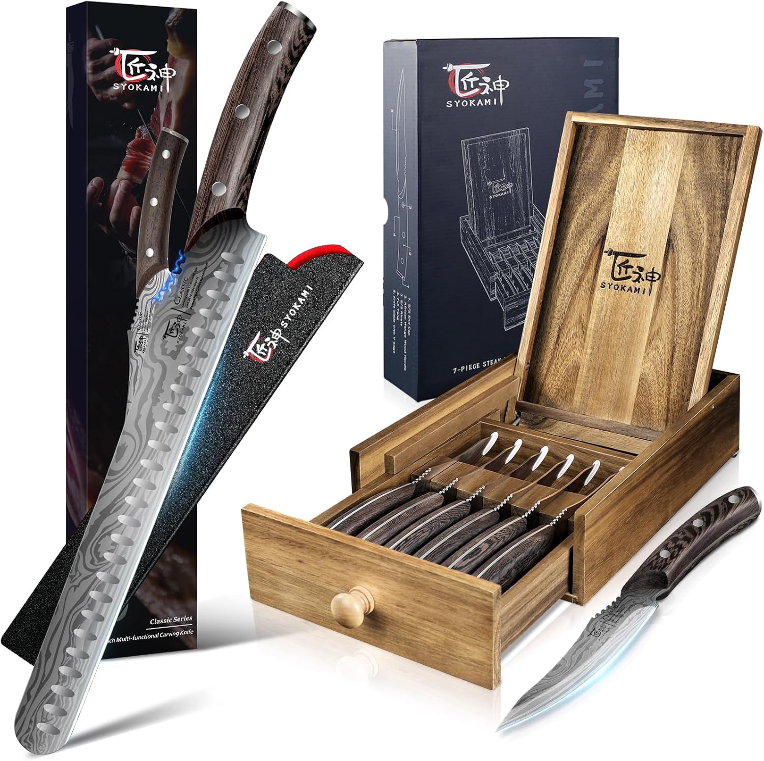 Steak Knives Set of 6 with Drawer Organizer+Multifunction Carving Knife 12 Inch