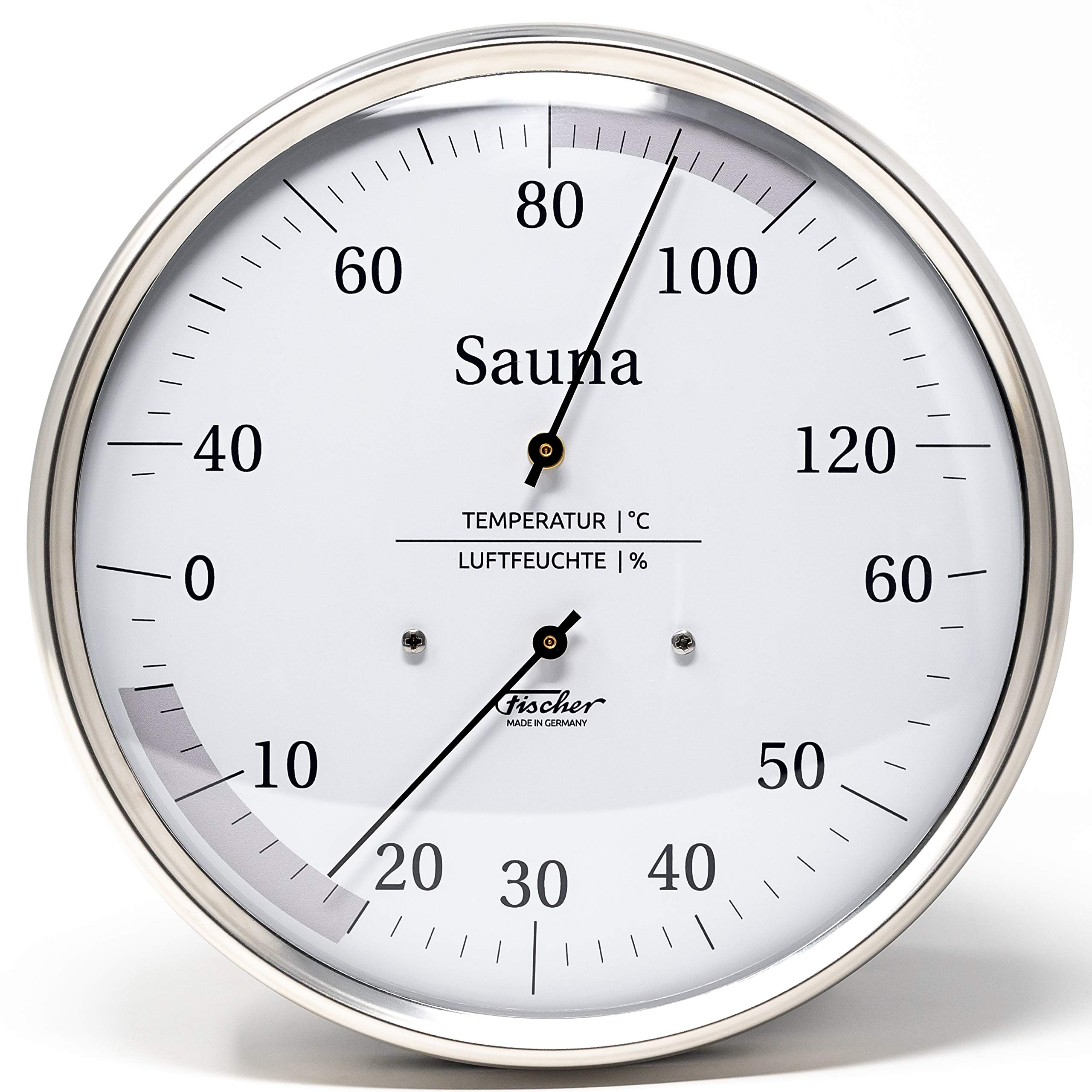 Fischer 195.01, Sauna-Thermohygrometer, Glas, Edelstahl, Thermohygrometer | Haar-Hygrometer und Bimetall-Thermometer, Messbereich 0-60 % r. F. und 40-120 °C, 160mm Durchmesser, Made in Germany