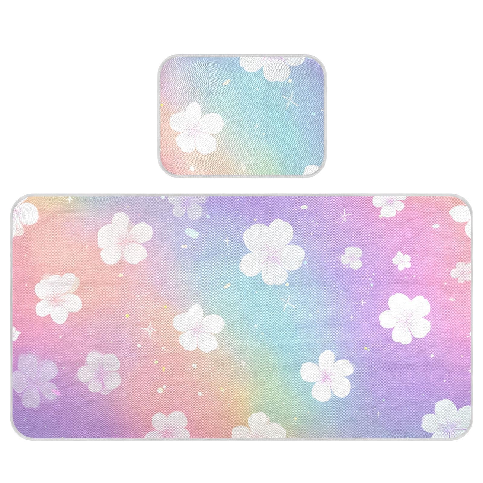 Bolaz Summer Sleeping Bed Pad, Rainbow Glitter Flower Pattern Cooling Mattress Set Breathable Bed Mat Ice Silk Mat + Pillow Cover for Toddler Boys Girls