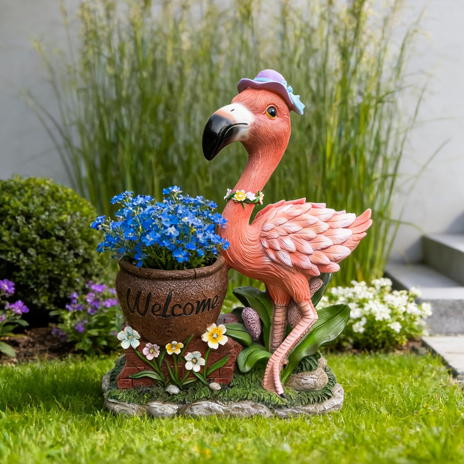 Outdoor Flamingo Planter Urn with Solar LED Lights, Resin Welcome Garden Statue Flower Container for Patio Porch Balcony Courtyard Walkway Lawn Entryway Decorative Yard Accent (Female Flamingo)